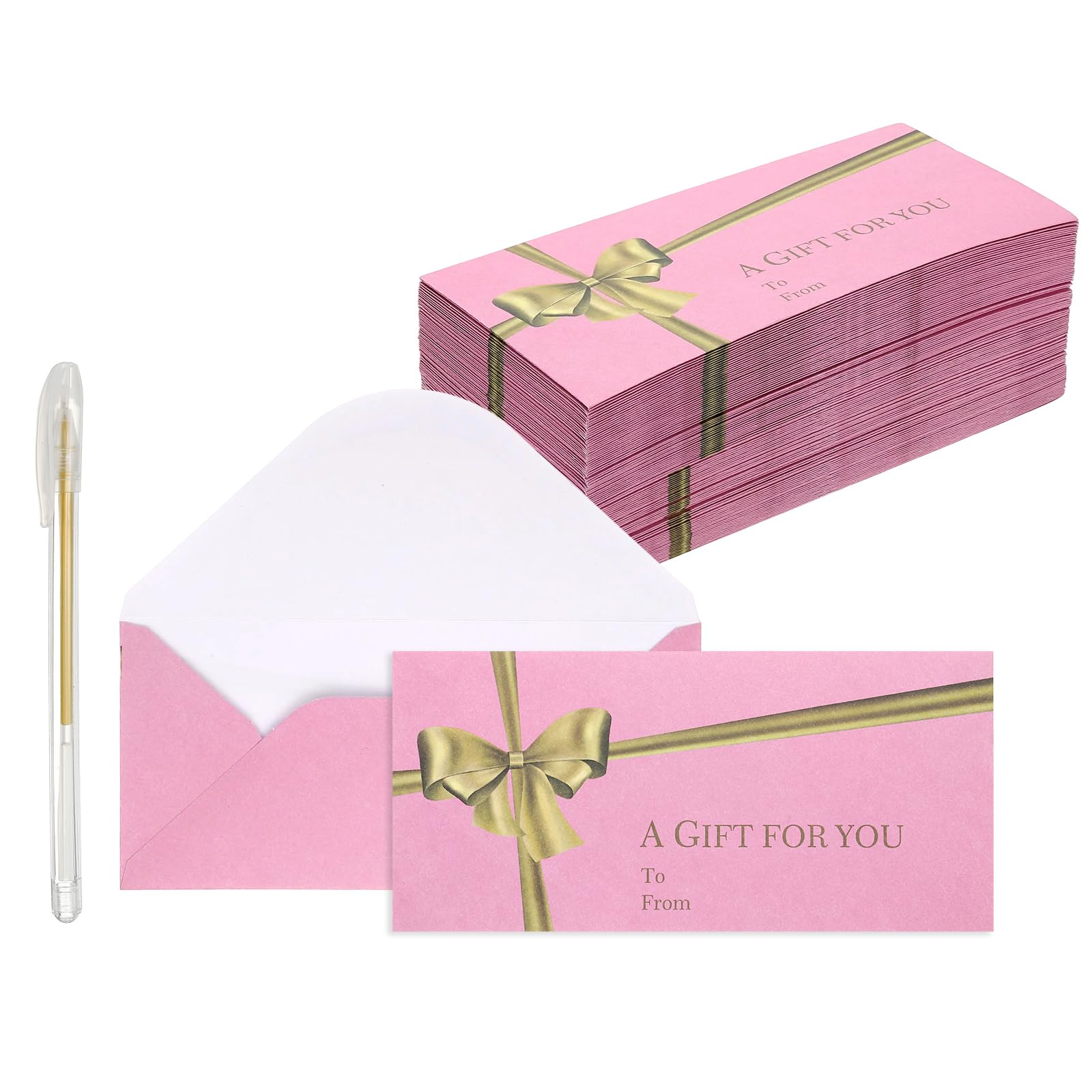 PATIKIL 50Pack Mini Envelopes, 7x3 Card V Flap Small Business Card Envelopes with Gold Ink Pen for Office Wedding Invitations Graduation Party Gift, Pink