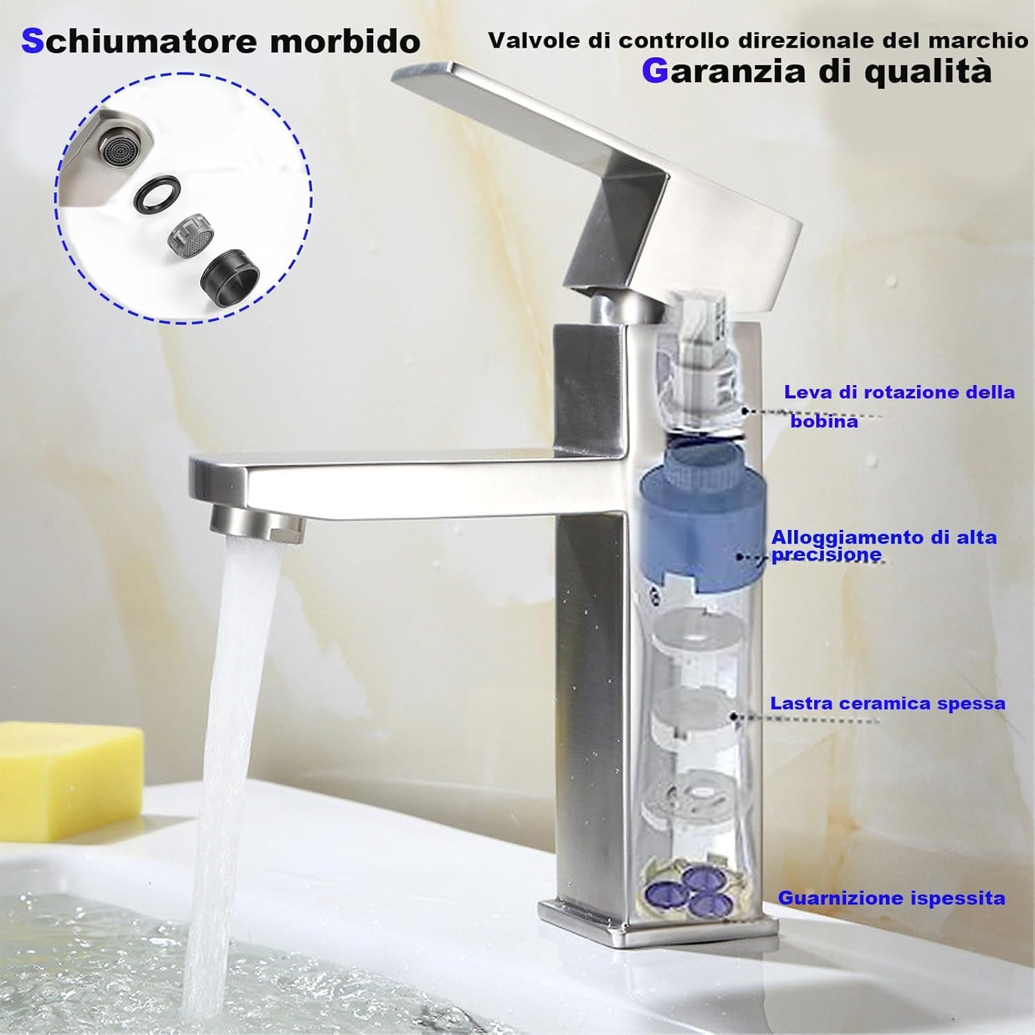 XWIHTR miscelatore bagno caldo e freddo in acciaio inox con cursore ceramico silenzioso, monocomando, miscelatore lavabo misto a risparmio idrico per bagni, lavabi, piccole cucine, ecc. (Spazzolato)