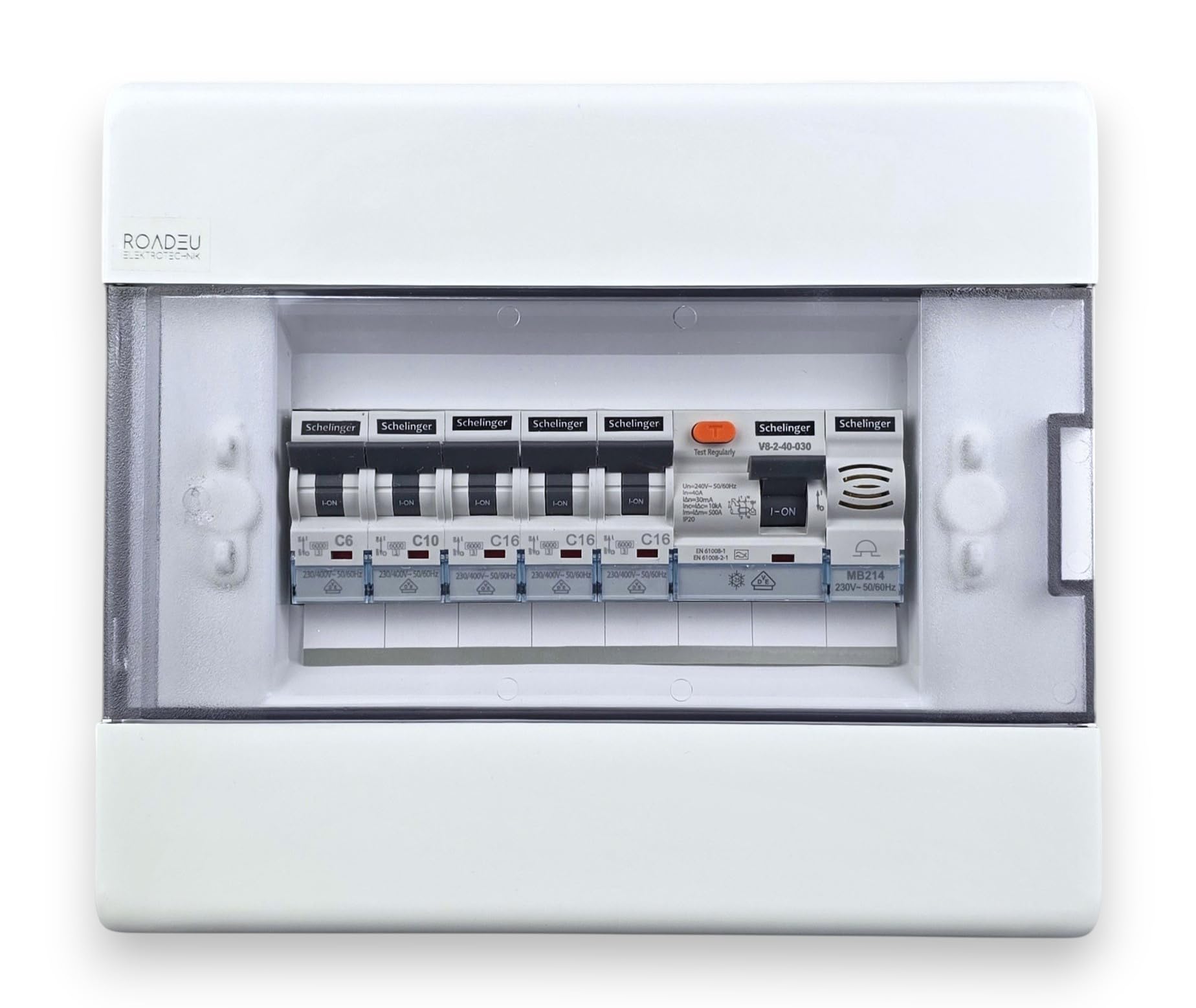 RoadEu - Aufputz Sicherungskasten 8 Module FI 40A 30mA C6 C10 3xC16 Klingel