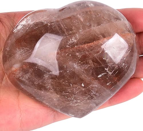 JIC Gem Cristal de corazón de cuarzo hematoide rojo, gran amor, tallado en forma de corazón, rocas en forma de palma, piedra natural con soporte de