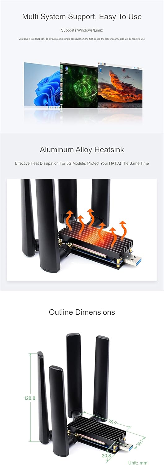 USB to M.2 B Key 5G Module Adapter with Aluminum Alloy Heatsink, Quad Antennas, USB 3.1 Interface, Compatible with SIMCom/Quectel/Fibocom, for 3042/3052, for Raspberry Pi/Jetson/PC
