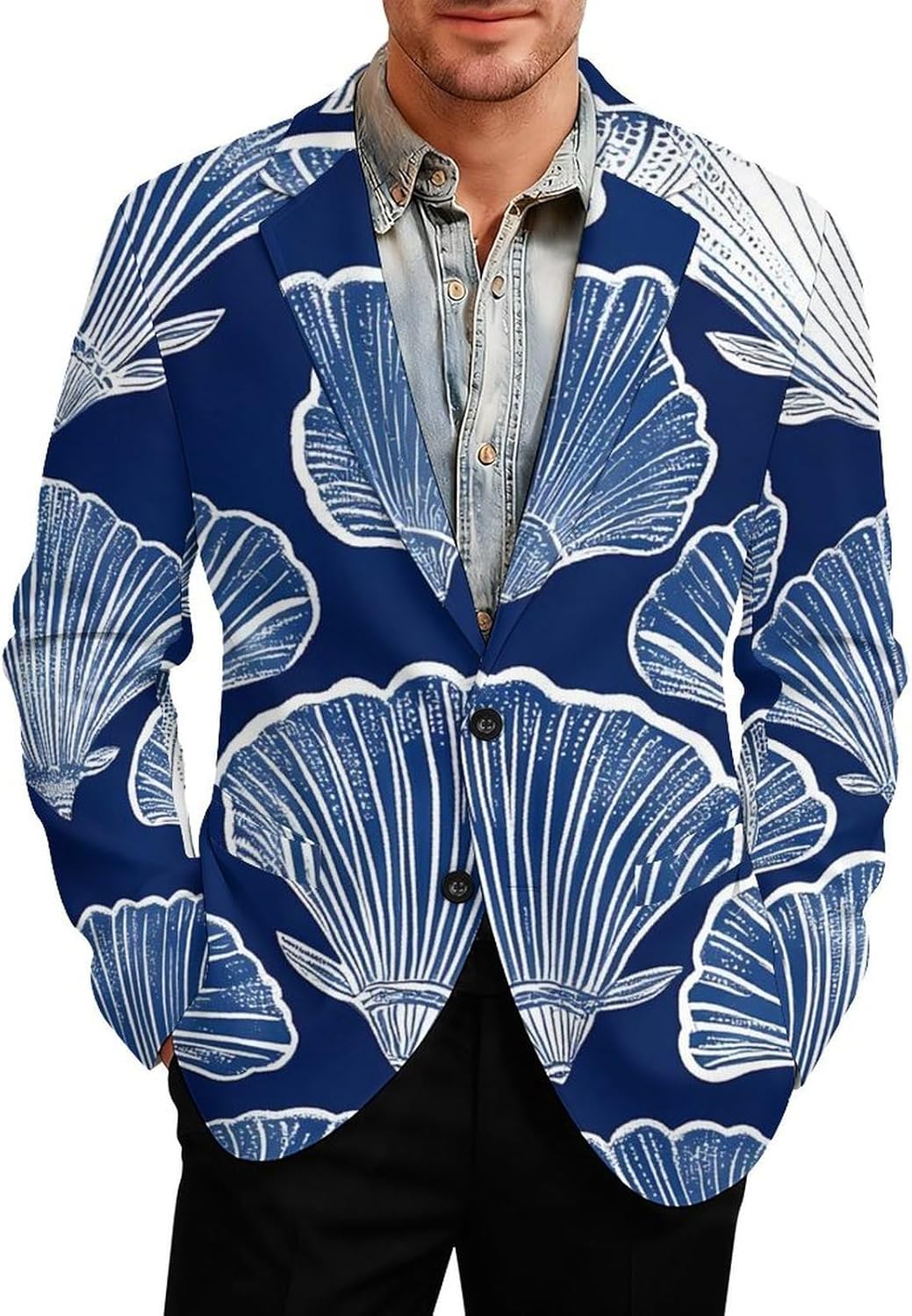 Blue Seashells Pattern Fashion Blazer for Men Suit Jackets Lightweight Button Lapel Sport Coats