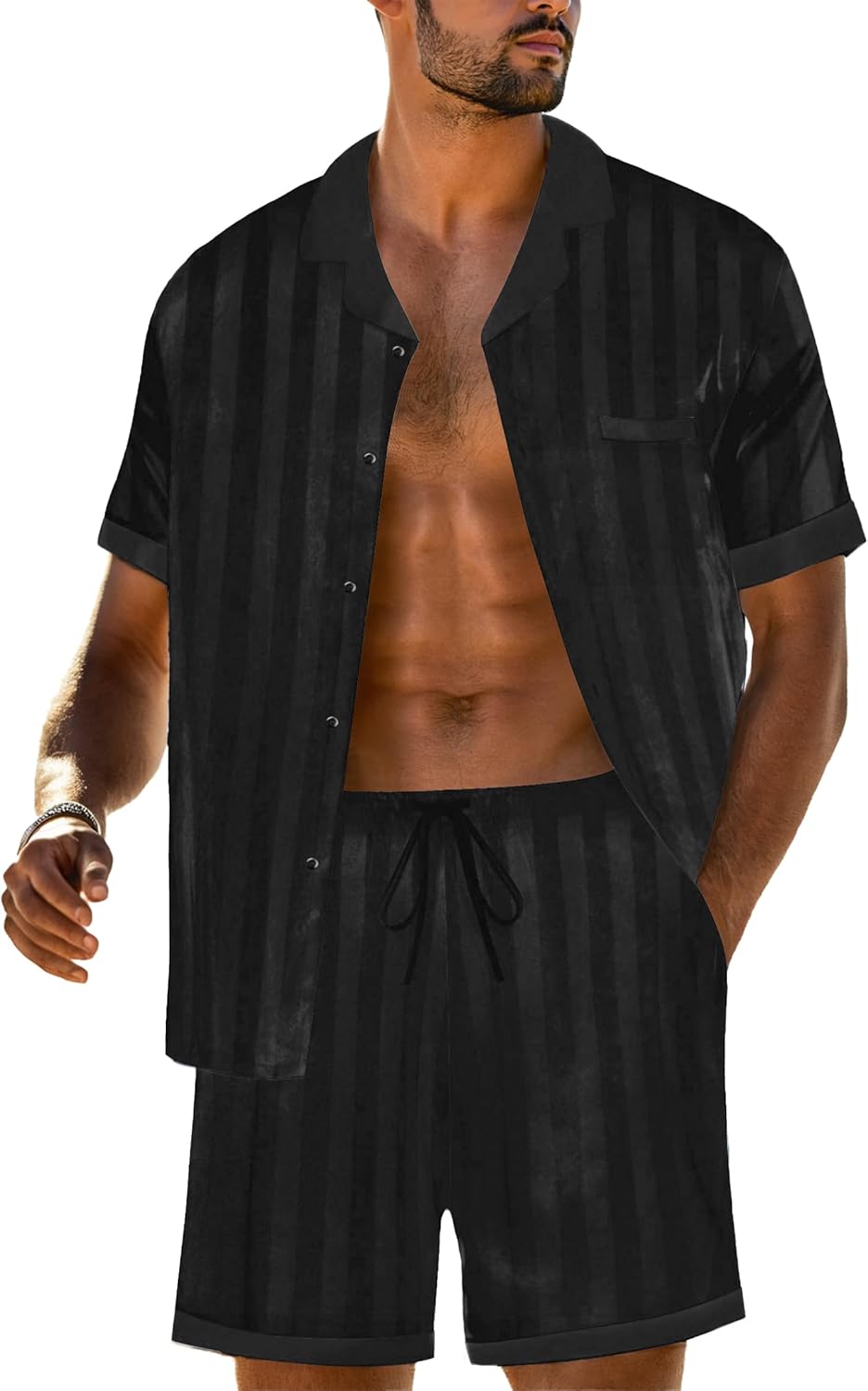 PrinStory Mens Pajamas Set Satin Silk Pajama For Men Sleepwear Shorts Summer 2 Piece Button Down Set S-XXL