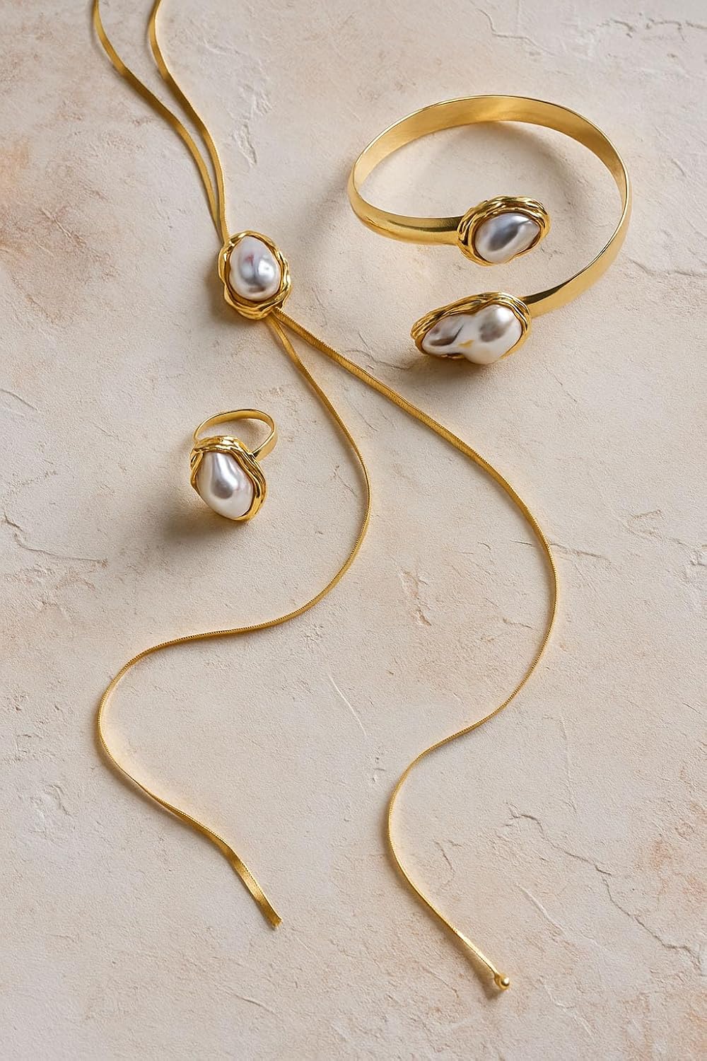 Baroque Pearl Jewelry Set for Women，3PCS Gold Long Herringbone Necklace Bracelet Ring Pearl Set Elegant Vintage Adjustable Trendy Jewelry Gift - Image 4