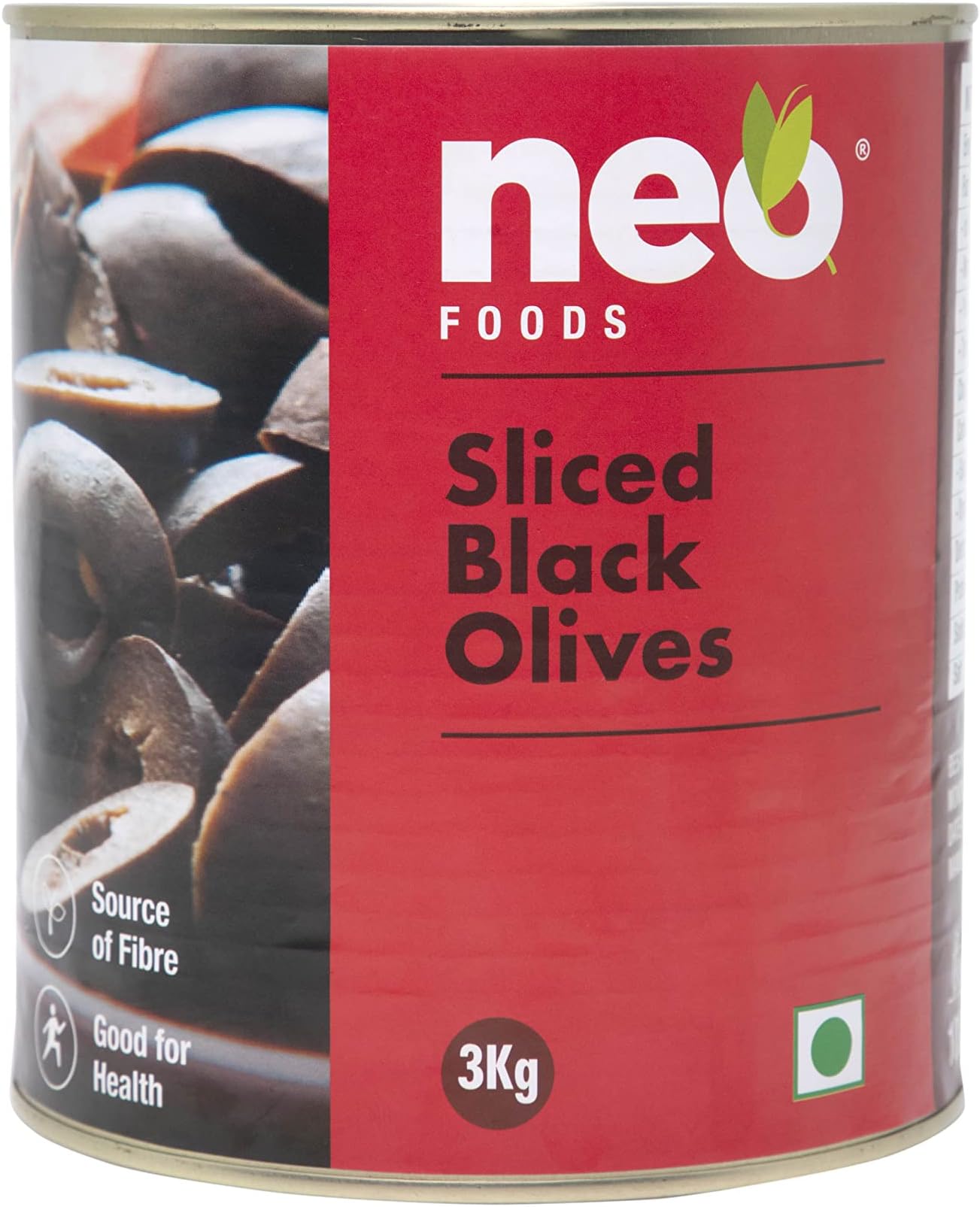 Neo Sliced Black Olive 3kg Tin I Black Olive for Pizza Topping, Pasta, Salads, Nachos, Whole Wheat Sandwich, Burger I Low Fat Ready-To-Eat Healthy Snack, Source of Fibre Nt. Wt. 3 Kg/ Net Dr. Wt. 1.56kg
