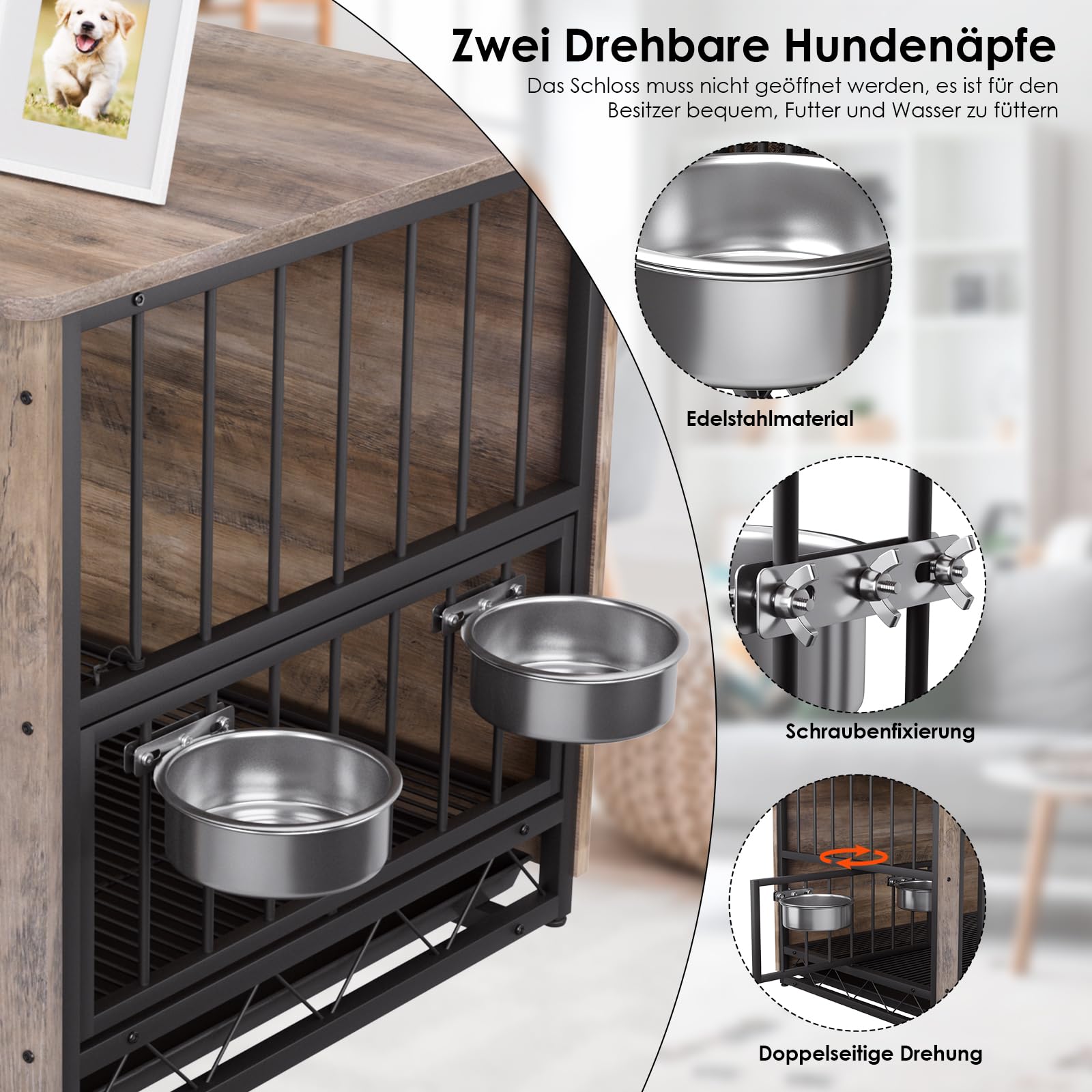 Jaulas para Perros, 93x64x58cm, Jaula Perro Grande para Casa de Madera, Dog Crate con 2 Comederos y Puertas para Perros, con Bandeja Extraíble, Jaula para Perros Medianos Pequeños hasta 40kg, Gris
