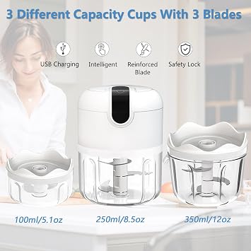 White 3 CUP Cordless Mini Food Chopper,Small Food Processor Mini for Garlic,Nut,Meat(100+250+350ML), CQ3654
