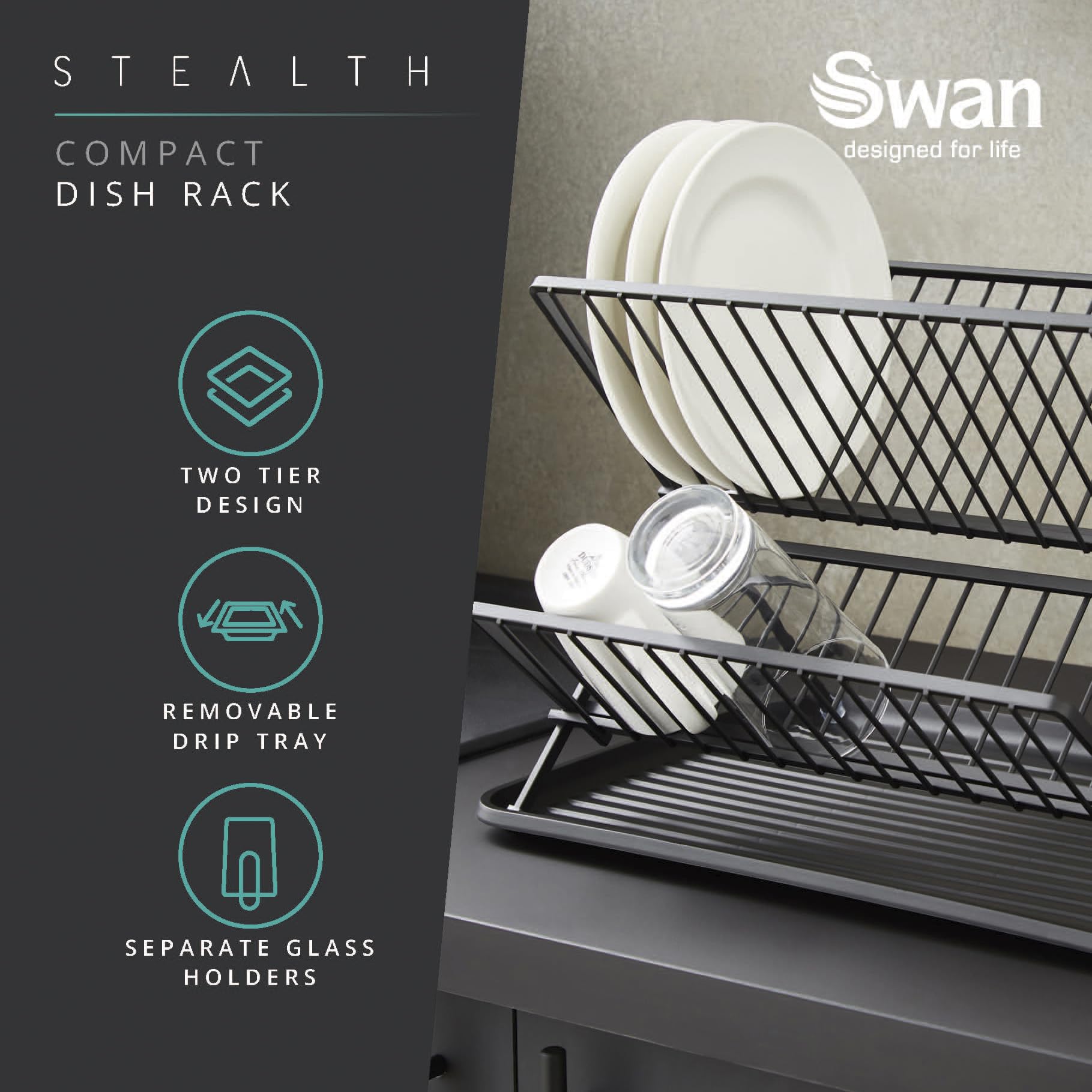 Swan SKWA5071BLK Stealth - Escurridor Plegable para 15 Platos con Bandeja de Goteo extraíble, diseño de Dos Niveles Que Ahorra Espacio, Cuerpo de Hierro, Color Negro