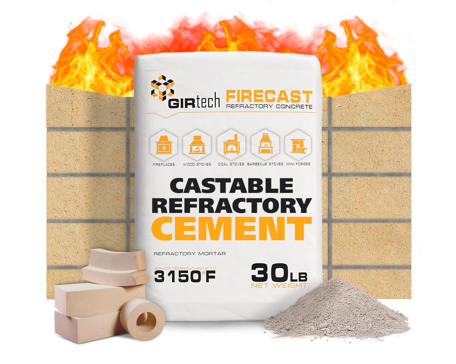 FireCast Castable Refractory Cement Mix 3110 Degree Fahrenheit 30 Lbs High Temperature Heat Resistant Fireproof Mortar Build Repair Pizza Oven Fire Places Forge Kiln Stove
