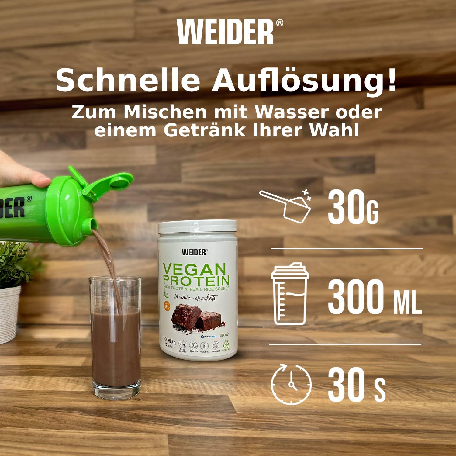 Weider Vegan Protein (750g) Brownie-Geschmack, 21g Protein/Dosis | 100% pflanzliches Protein aus Erbse (Pisane) + Reis, mit Vitamin B12, Akazienfaser, Stevia, Zuckerfrei, Glutenfrei