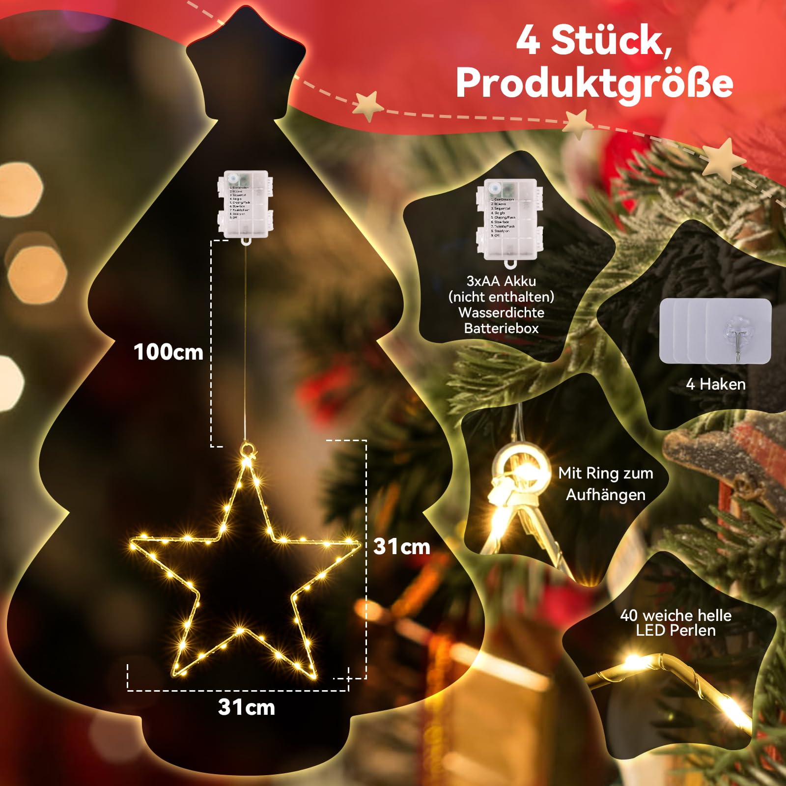CMYK LED Weihnachtsstern Fensterlichter mit 4 Pack 40 warmweiße LED Stern Lichter Fenster Stern Weihnachtsbeleuchtung Fenster Hängeleuchten Vorhang Lichter Batteriebetrieben