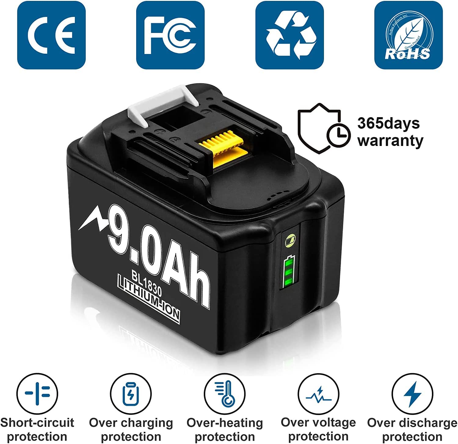 Lot de 2 batteries de rechange 9,0 Ah pour Makita 18 V BL1850B BL1830 BL1830B BL1860 BL1840B BL1840 BL1835 BL1845 BL1850 194205-3 LXT-400 avec affichage LED