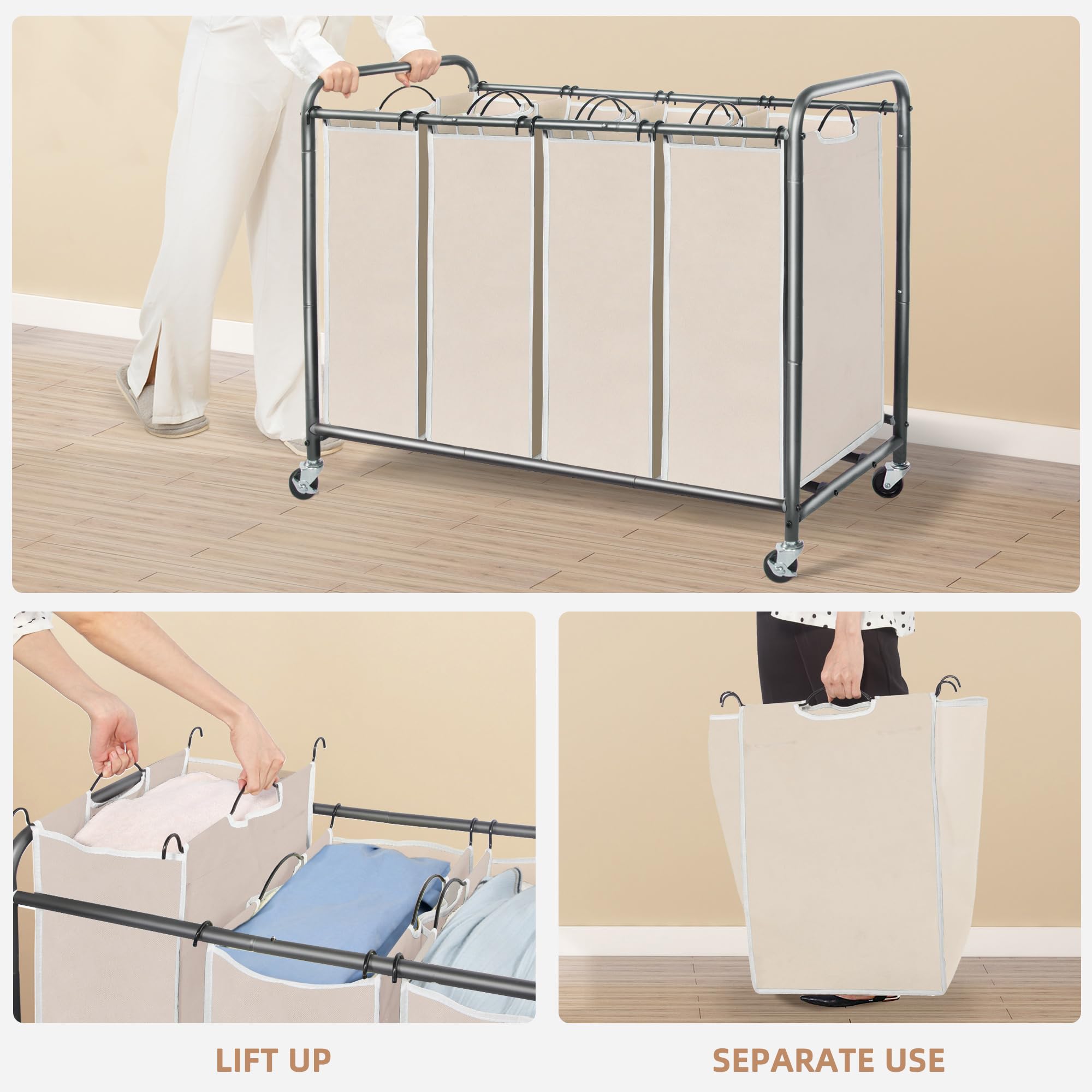 STORAGE MANIAC Wäschesortierer mit 4 Abschnitten und herausnehmbaren Beuteln, Beige, umweltfreundlich, tragbar, wasserdicht