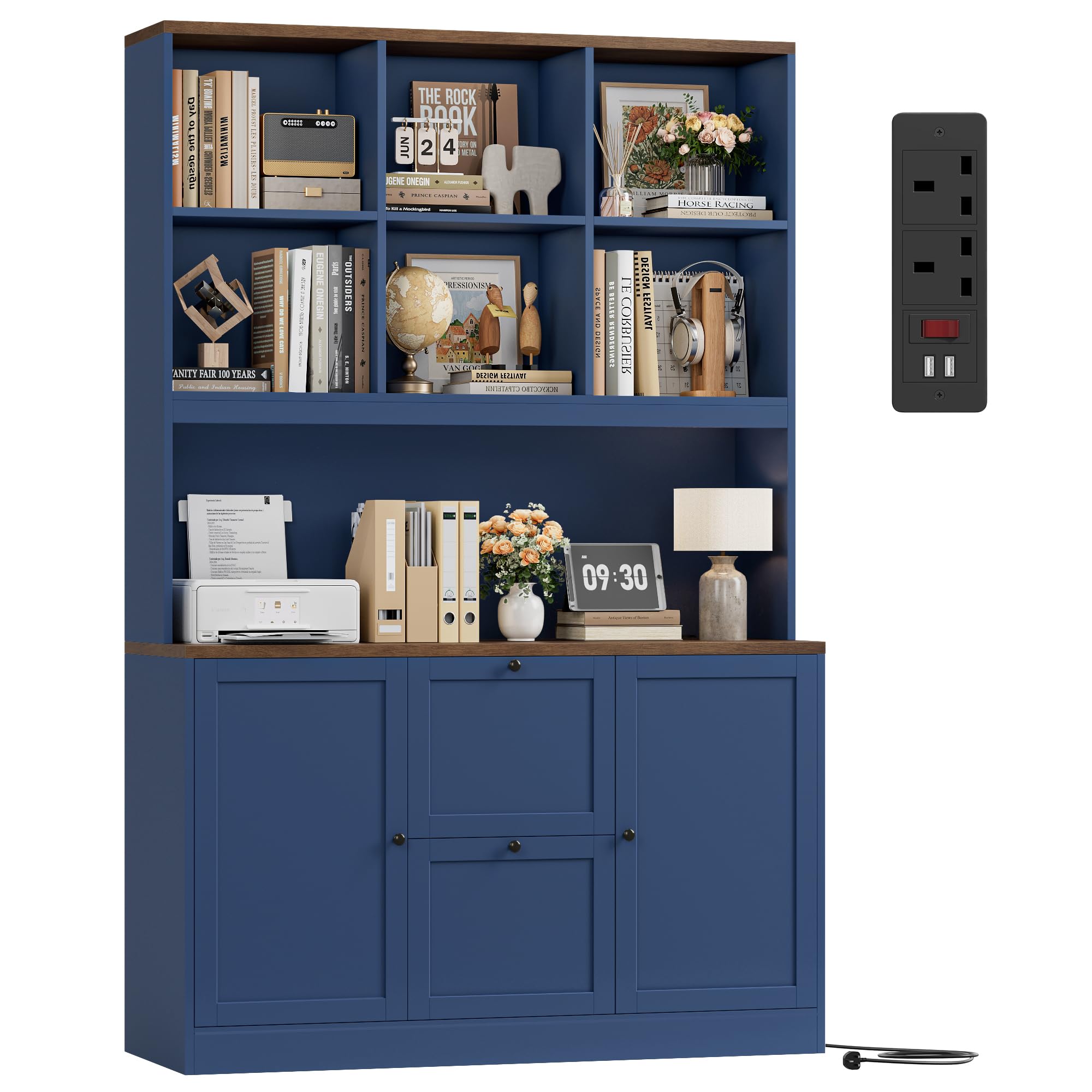 FirFurd Tall Bookcase with Power Outlet & Filing Drawer for A4/Letter Files