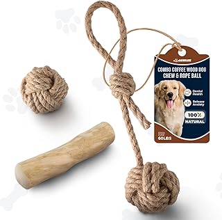 3Pcs Natural Coffee Wood Dog Chew and Hemp Ball Toys for Large & XL Dog Over 70lbs - 100% Organic Toys for Teeth Cleaning, Reduces Stress, Mental Stimulation