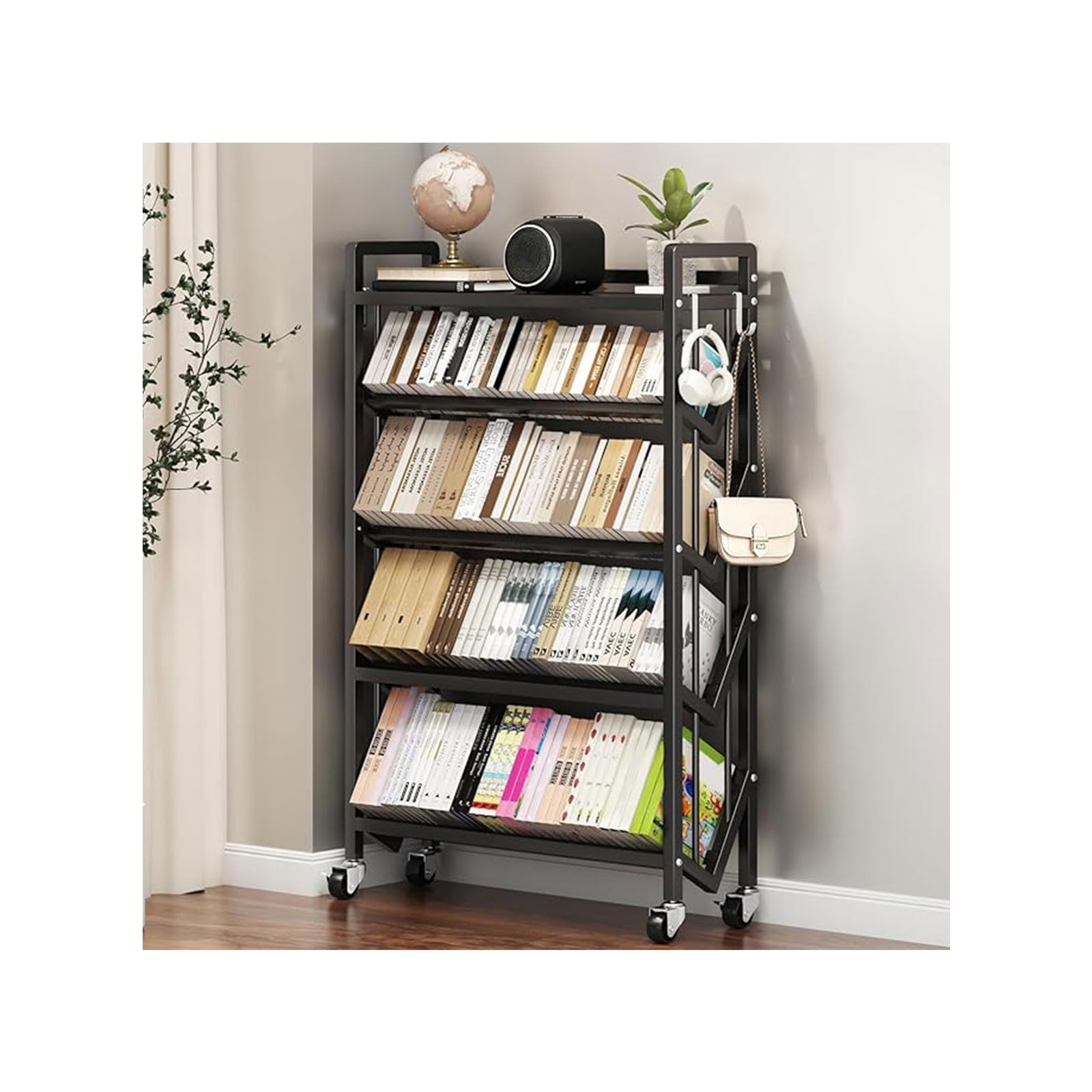 Book Carts with Wheels, Library Rolling Book Cart 2/3/4/5 Tier Movable Bookshelf Mobile Large Capacity L-Shaped Carbon Steel Organizer Rack for Office, Home, Classroom(Black,5 Tiers-35.4x9.8x57.7in)