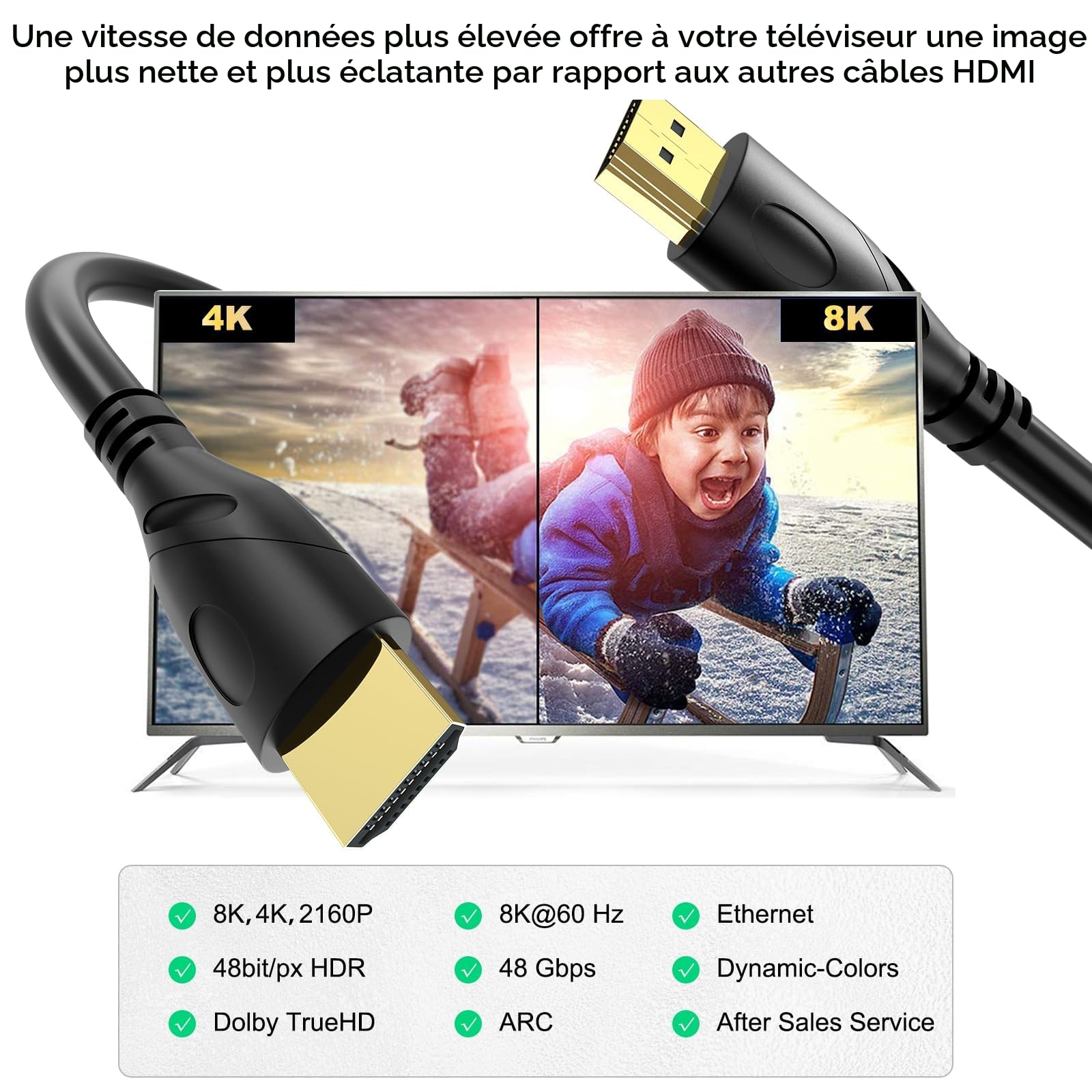 8K/4K câble HDMI 2m(HDMI 2.1,8k@60hz,48gbps&4k@120hz,18gbps) ultra rapide plaqué connecteur,retour Audio Ethernet,vidéo 8K/4k,Full hd1080p,3D-compatible HDTV,Blu-Ray,PC,Xbox, PS3/4/5/9,etc