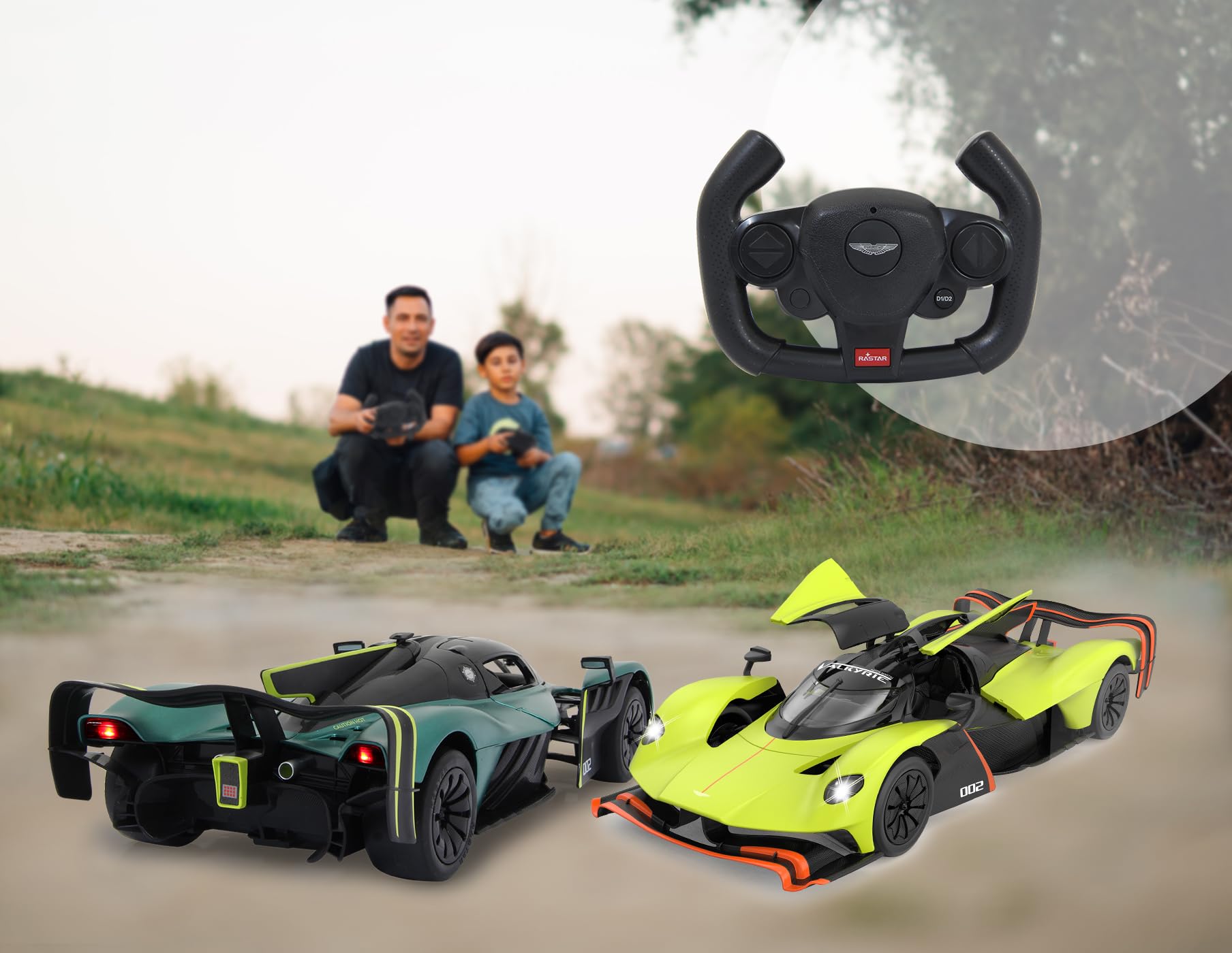 JAMARA Aston Martin Valkyrie AMR Pro 1:14 zielone drzwi 2,4 GHz ręczne – oficjalnie licencjonowane, szczegółowe wnętrze, wierne lakierowanie, przezroczysta szyba przednia, światło LED, samochód RC