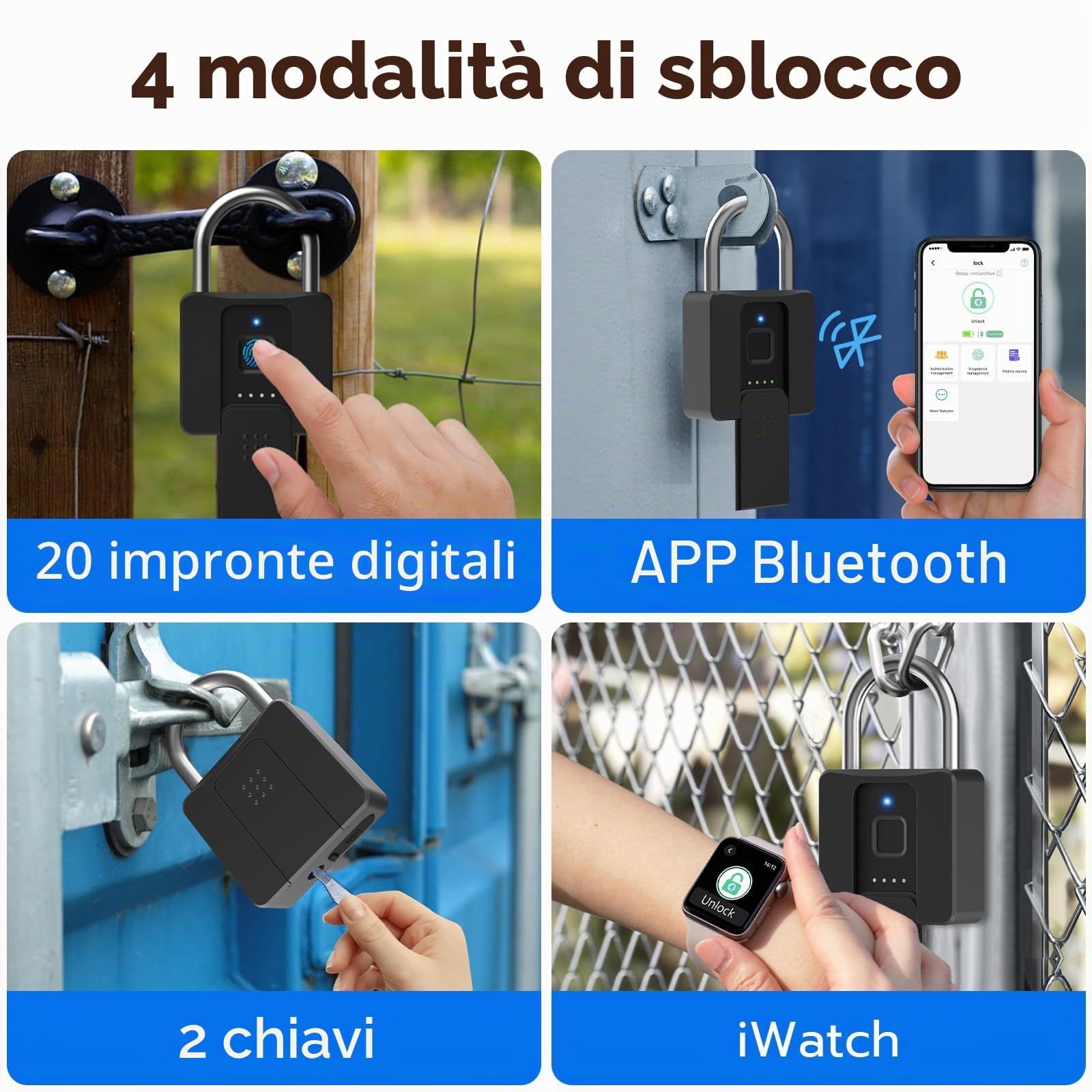 Lucchetto a Impronta Digitale con Chiave, Lucchetto Biometrico con Impronta Digitale Bluetooth, Serratura per Cancello Esterno, Lucchetto Resistente all'acqua per Cancello Esterno, Magazzino