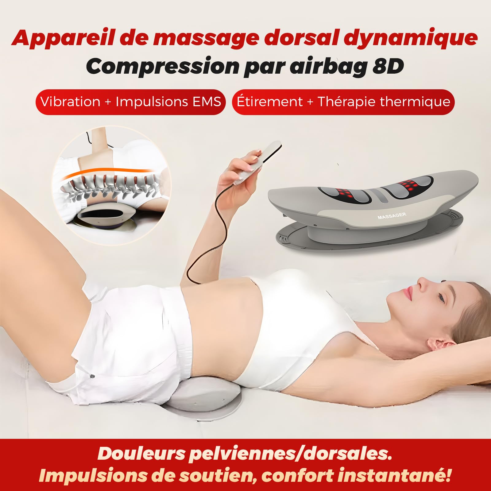 Appareil de massage lombaire avec chaleur, vibration, fonction de courbure, appareil de massage du dos avec chaleur et impulsion EMS - Appareil de massage lombaire avec vibration, hub coussin