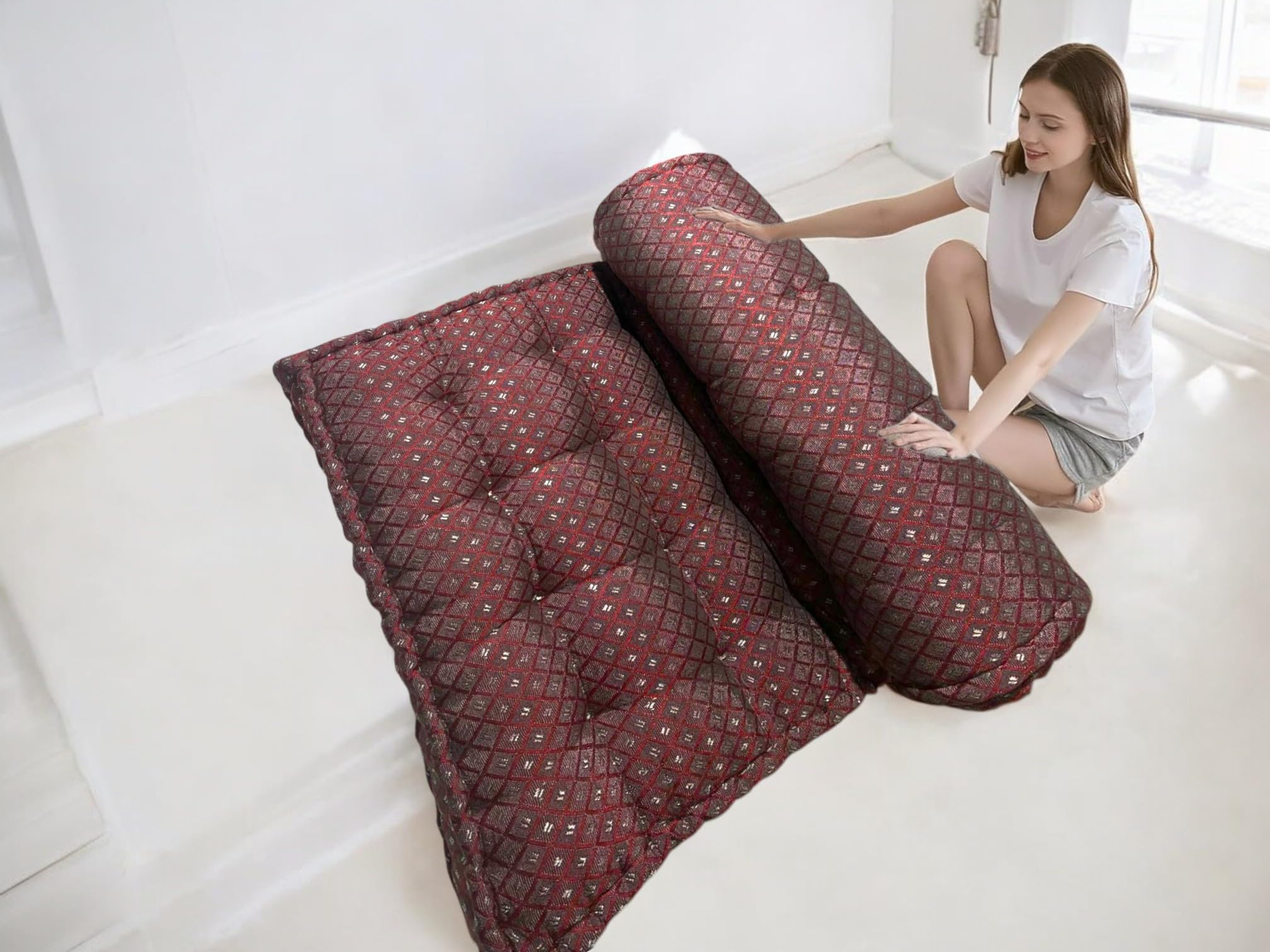 H B Msala Cotton Filled Quilt Mattress | Soft & Reversible, Foldable, Lightweight Firm Bed | Cotton Mattress Tufted Soft Rui Gadda for Bedroom, Living Room (Shiny Red Star, 7x6 Feet)-image-25