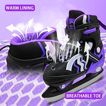 Adjustable Ice Skates for Kids Boys Girls, Smooth Blades Iceskates, Breathable Fabric and Comfortable Lining Ice Skates, Hockey Skates Shoes for Ages 3-12, Outdoor and Indoor Rink