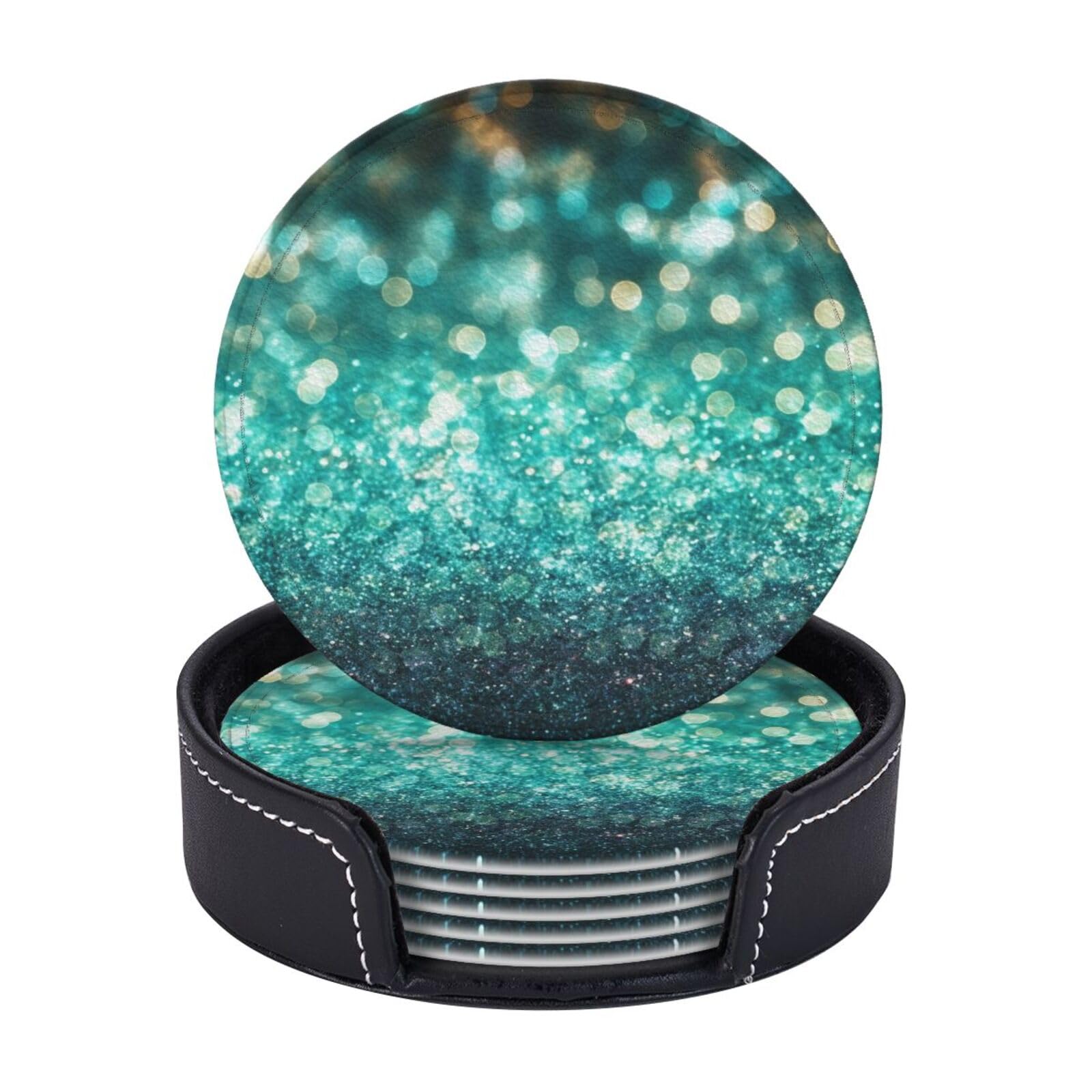 6PCS Drink Coasters with Holder, 4" Leather Coasters for Drinks, Sparkling Cup Coasters for Coffee Table Decor, Non-Slip Drinking Cup Mat for Hot or Cold Drink