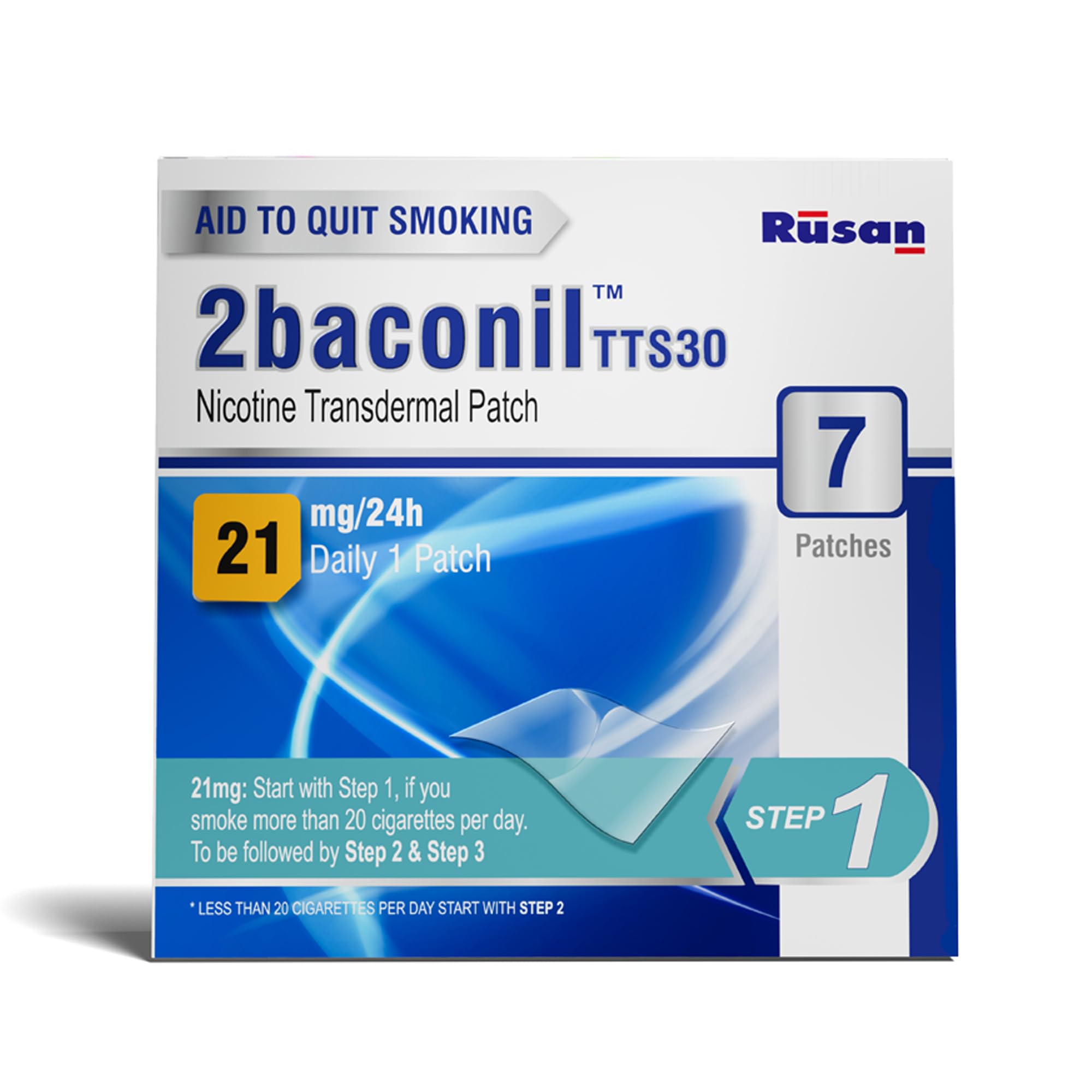 Rusan 2baconil Nicotine Transdermal Patch 21mg Step 1 | 7 Patches | Quit Smoking NRT