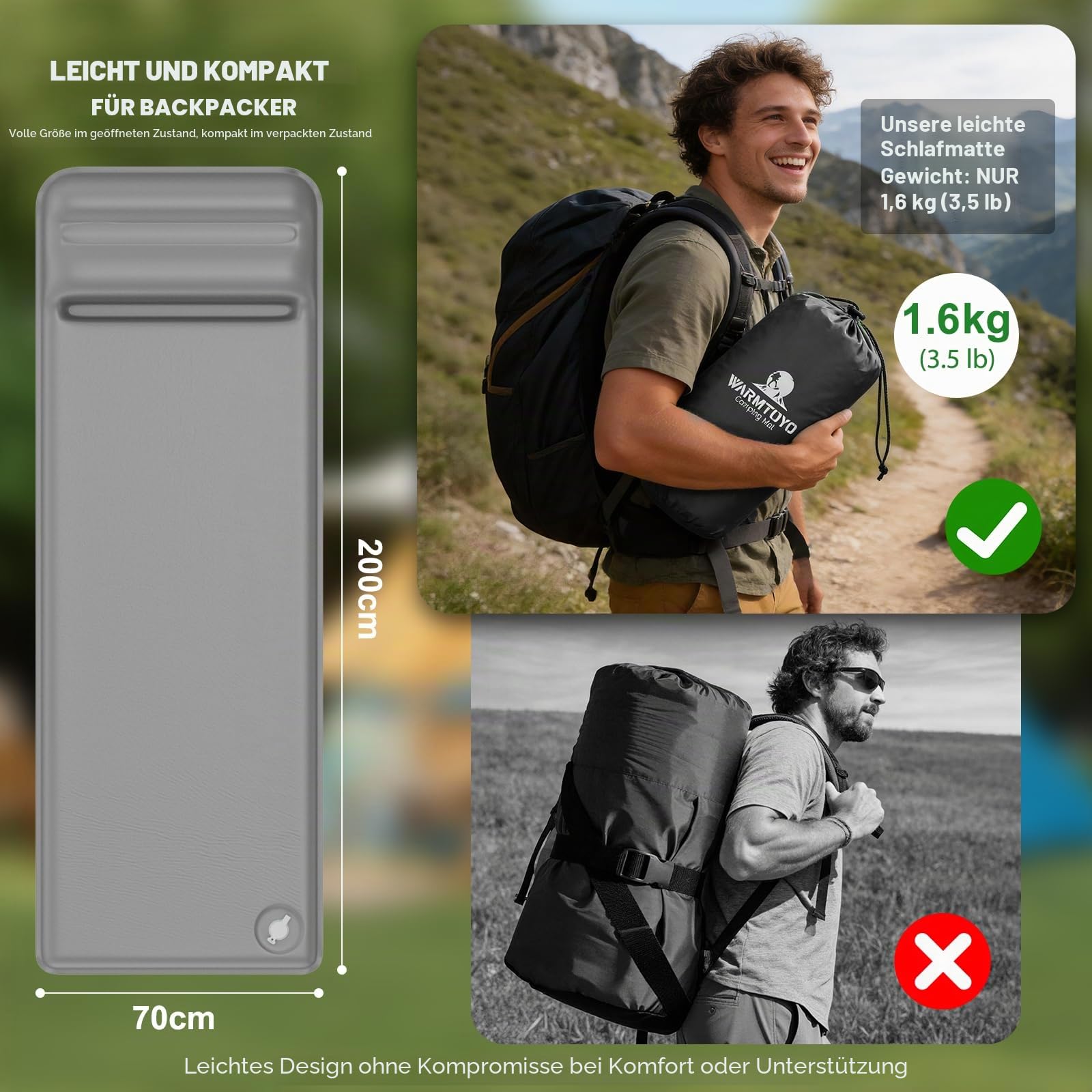 WARMTUYO Camping Isomatte, R-Wert 8,5, Extra Warme Schaumstoff-Schlafmatte mit Integriertem Kissen, Komfortable Camping Matratze für 4 Jahreszeiten, Trekking, Wandern und Zelt
