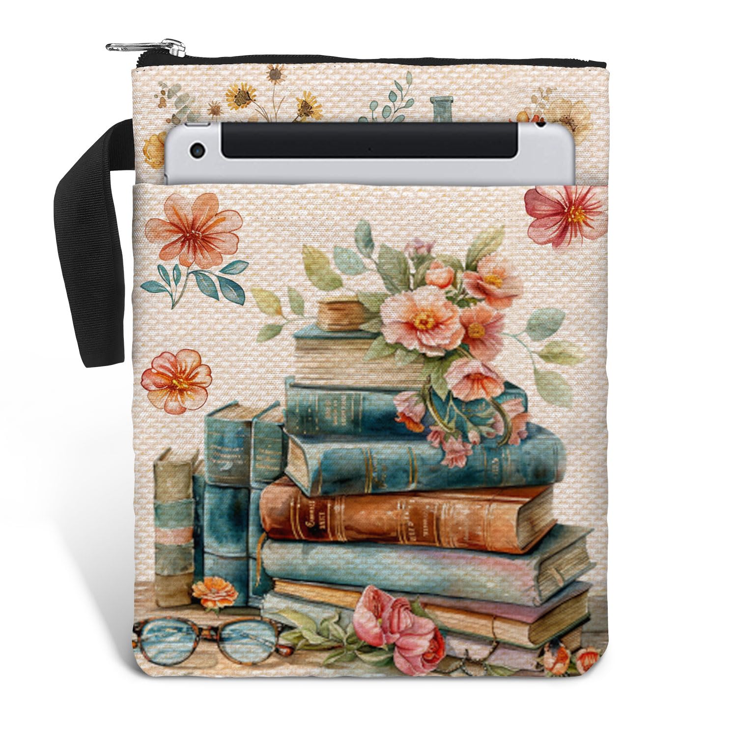 Book Cover Bag with Zipper and Front Pocket. Book Sleeve Gift for Book Lovers and Librarians. Washable Fabric 11 X 8.5 Inch Padded Protector Pouch for