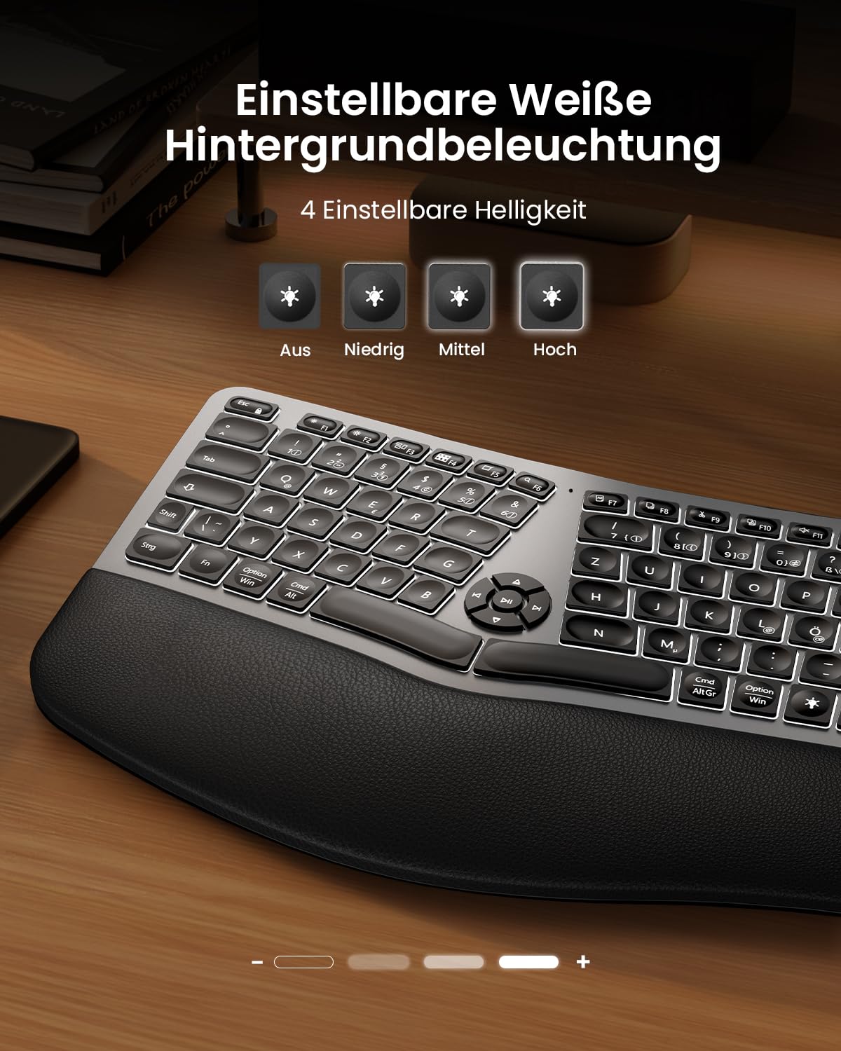 ProtoArc EK01 Plus Beleuchtet Ergonomische Tastatur Kabellos, Full Size | Split Wireless Keyboard mit Handballenauflage, Bluetooth und USB, Wiederaufladbar, für Windows/Mac/Android