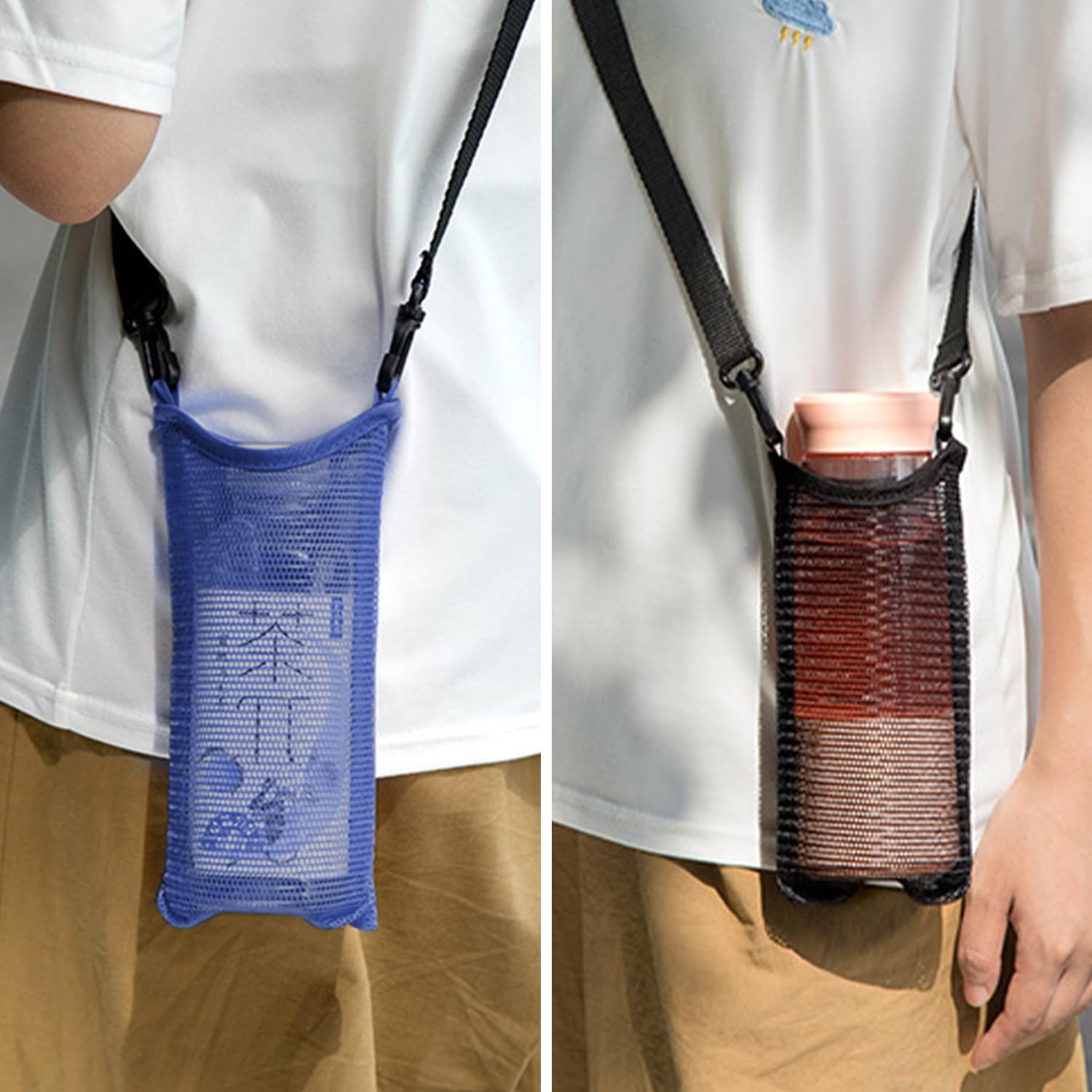 MEMOFYND Portabottiglie per Acqua 2 pezzi Con tracolla regolabile, tasca Per bottiglia d'acqua Per l'escursionismo, la Corsa a Piedi, il Camping (Nero, blu Airone)