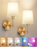 Ouyulong Set of 2 Gold Battery Operated Wall Sconces - Wireless Rechargeable Dimmable RGB Wall Lights with Remote for Bedroom Hallway Living Room