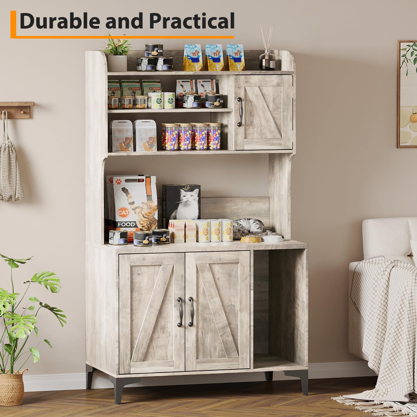 GarveeLife Katzentoiletten-Schrank mit 3 Türen, Mehrzweck-Storage-Schrank für Katzenzubehör, aus Spanplatte/MDF, grau/weiß – platzsparend & stabil