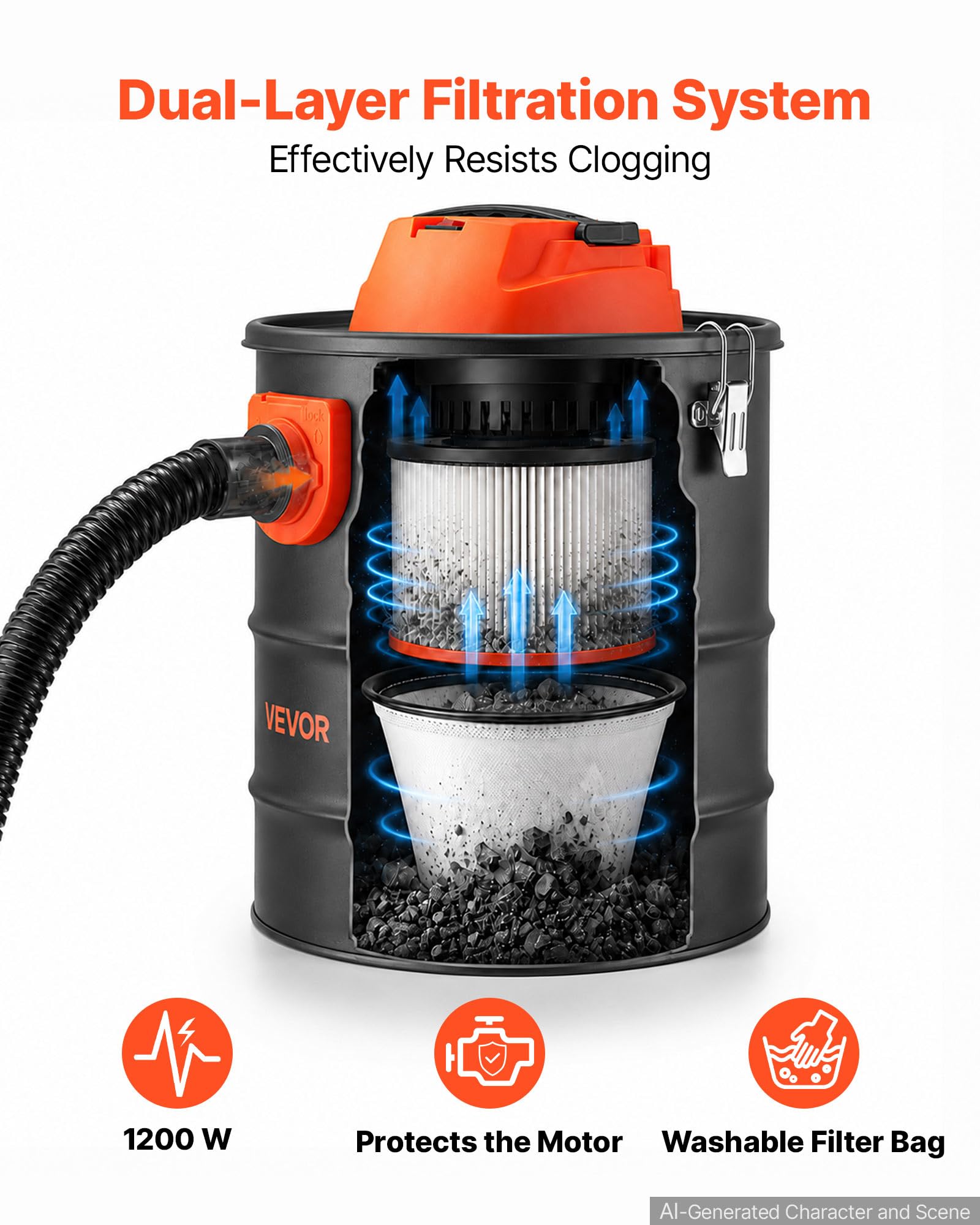 VEVOR Aspirateur à Cendres 15 L 1200 W, Aspirateur Cheminée avec Cuve Acier