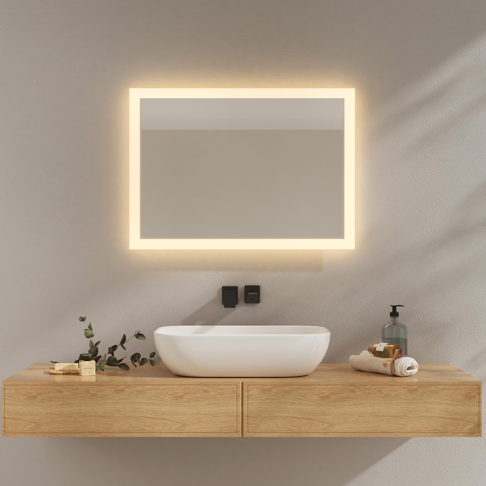 EMKE Miroir Salle de Bain LED Rectangulaire 50x70 cm Interrupteur Bascule | Miroir mural IP44 pour hôtel et maison,Antibuée,Pose verticale ou horizontale,2 couleurs 3000K/6500K