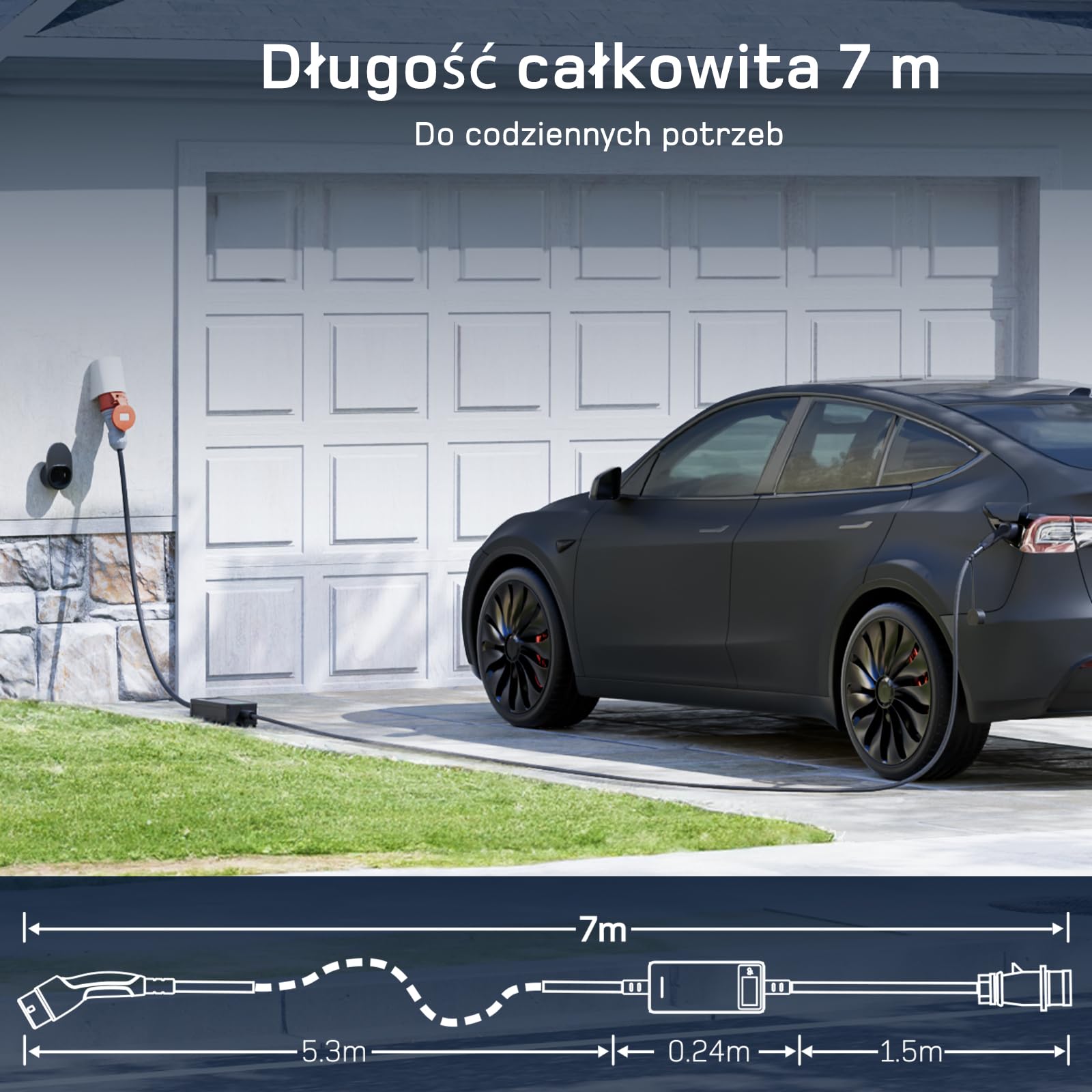 Kabel do ładowania typu 2 11 kW Wallbox 3-fazowy 7 m 6-16 A do EV ID.3, ID.4, ID.5, Model Y, Model 3, e-up, e-tron, Zoe