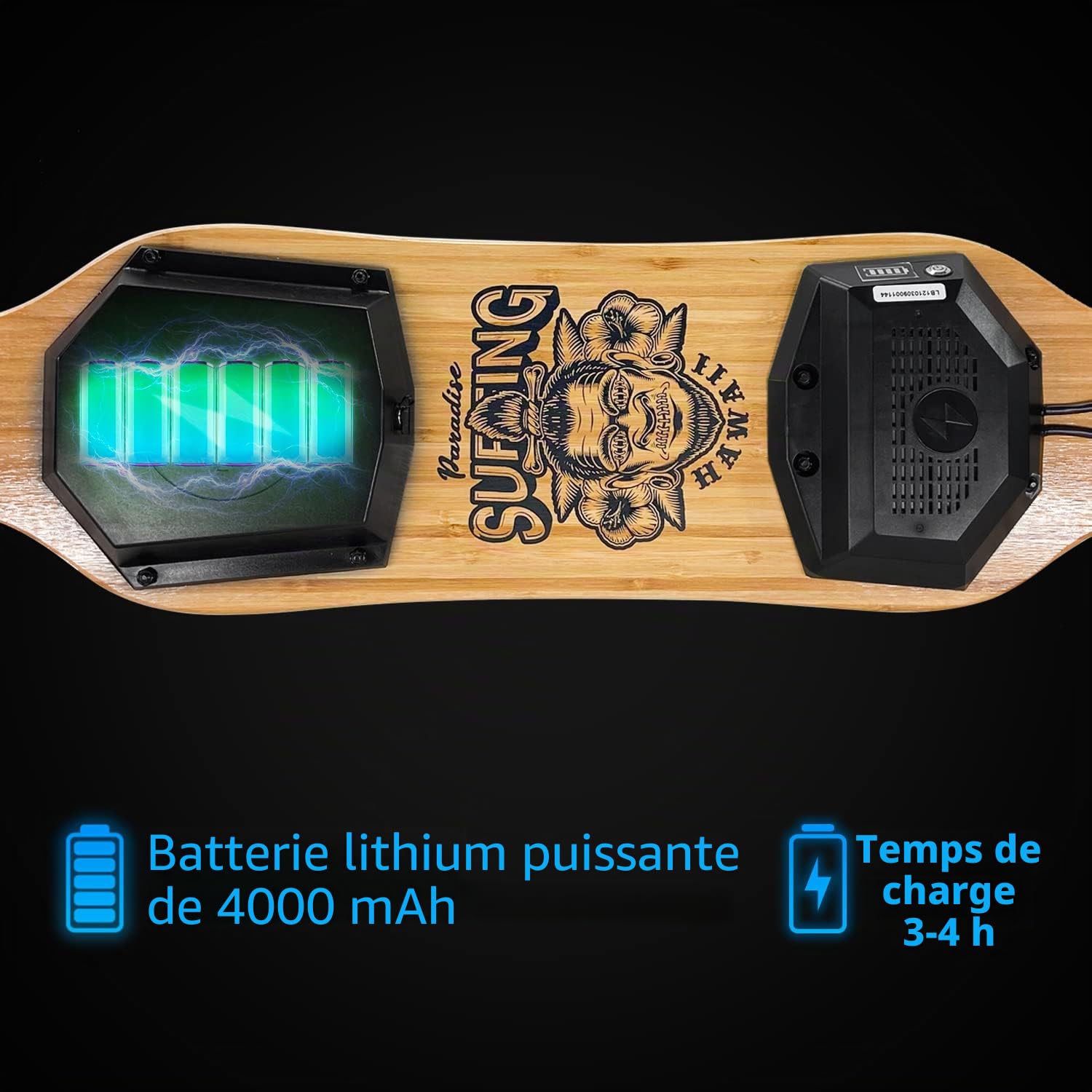 AsVIVA Longboard électrique LB1 : Skateboard électrique avec télécommande, portée 25 km jusqu'à 35 km/h, inclinaison de 20°, longboard de 93 cm avec moteur, batterie au