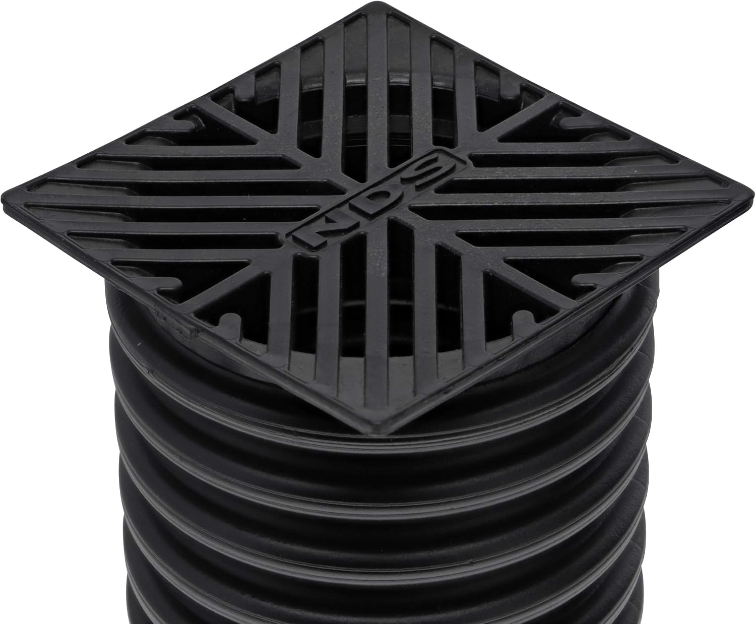 NDS 4.5-inch square grate installed on a black corrugated drain pipe