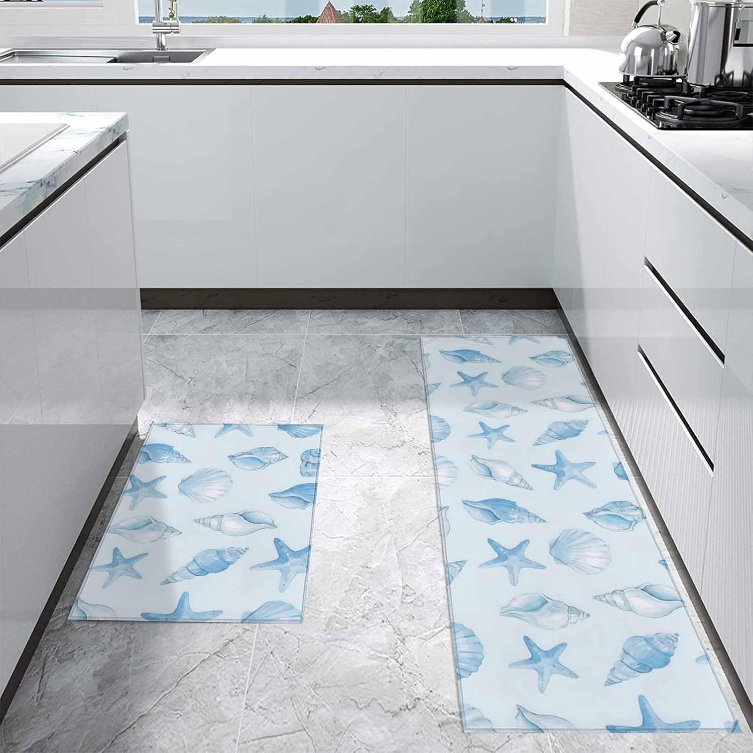 Kitchen Mats for Floor Coastal Starfish Shell Conch Washable Non Slip Kitchen Rugs 2PCS, Blue Marine Creature Ocean Theme Absorbent Standing Mats for Sink Office Living Room 15.7x23.6in+15.7x47.2in