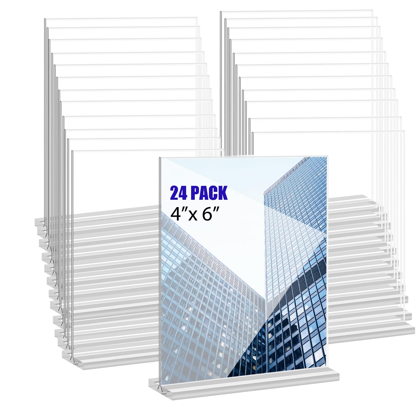 KOOLDE Acrylic Sign Holder 4x6 Inches 24 Pack T Shape Desktop Display Stand Vertical Double Sided Clear Table Menu Flyer Holder for Restaurants,