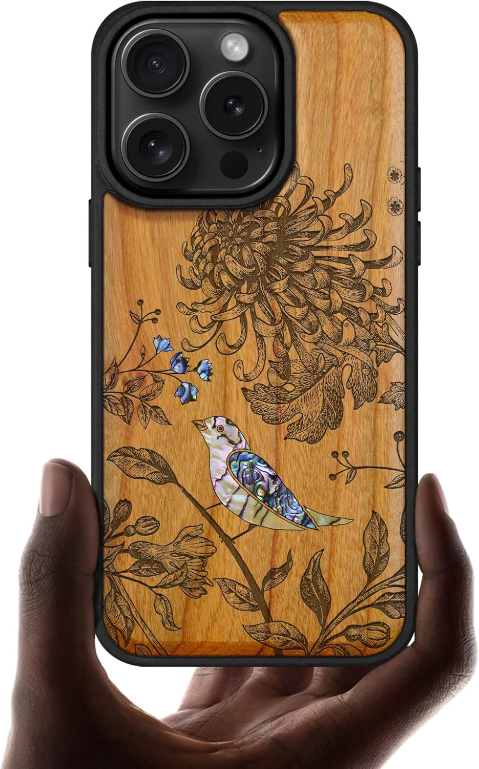 Carveit Magnetic Case for iPhone 16 Pro Case, Wood Artisan Engraved & Handmade Shell Inlaid, TPU Shockproof Cover, Compatible with MagSafe Wireless Chargers (Flowers and Bird) Cherry