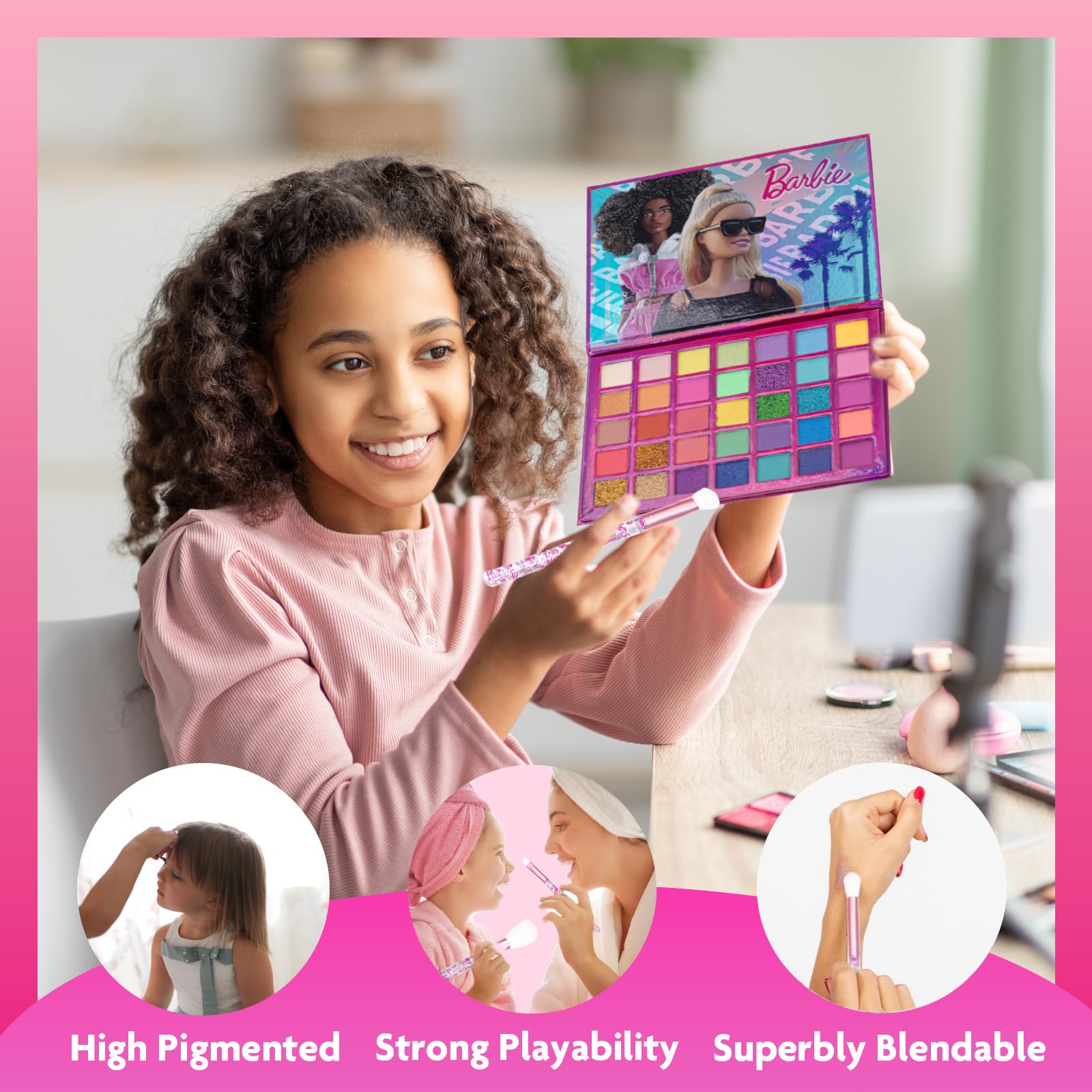 Barbie 35-Well Shadow Palette, Shimmery and Opaque Colors, Pigmented Blendable - Image 3