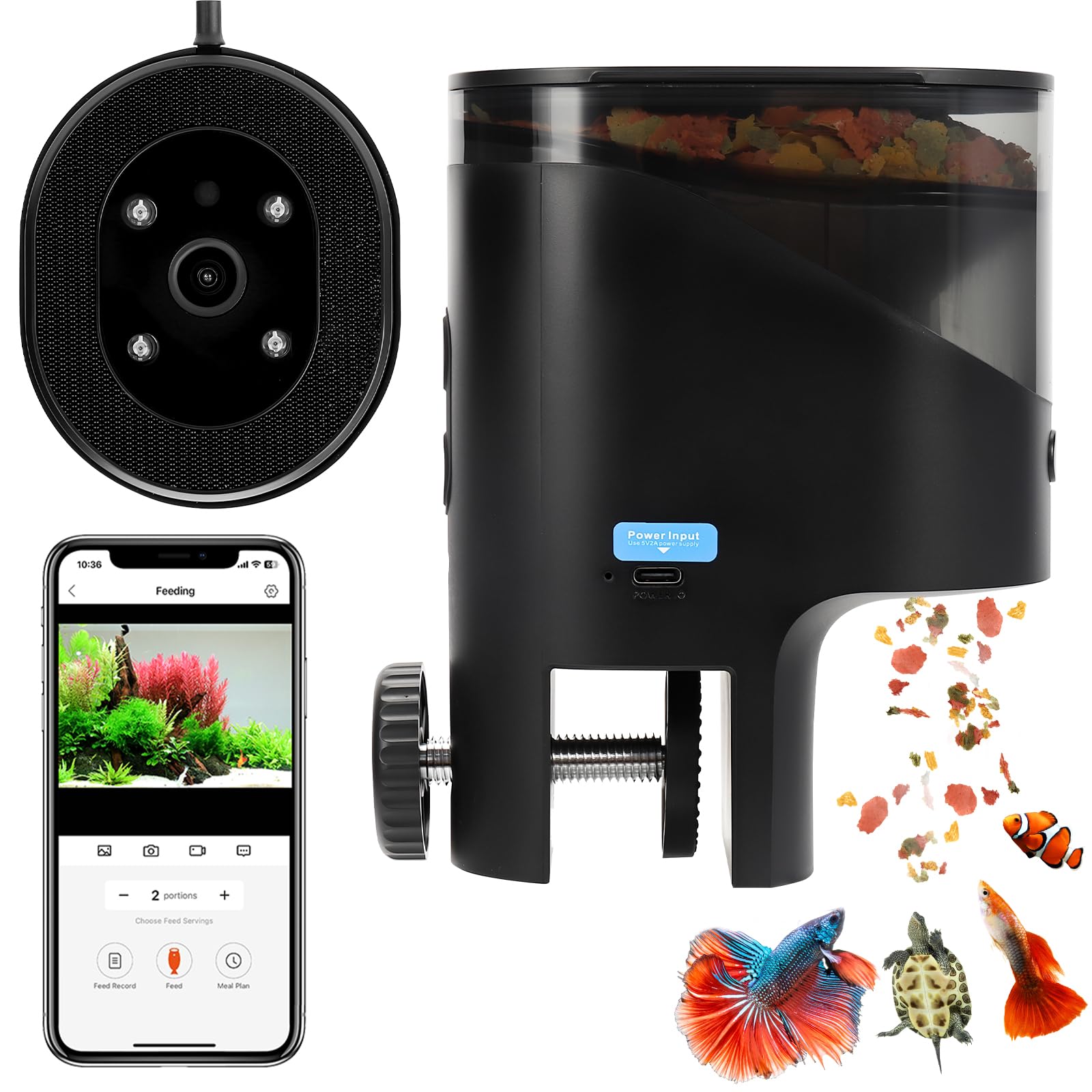 Fishnanny Automatic Fish Feeder for Aquarium Flakes, WiFi (2.4G/5.0G) & APP Control - Auto Fish Food Dispenser/Betta Fish Feeder with HD 2.5K Camera and Timer, Aquarium Feeder for Turtle Koi Tanks