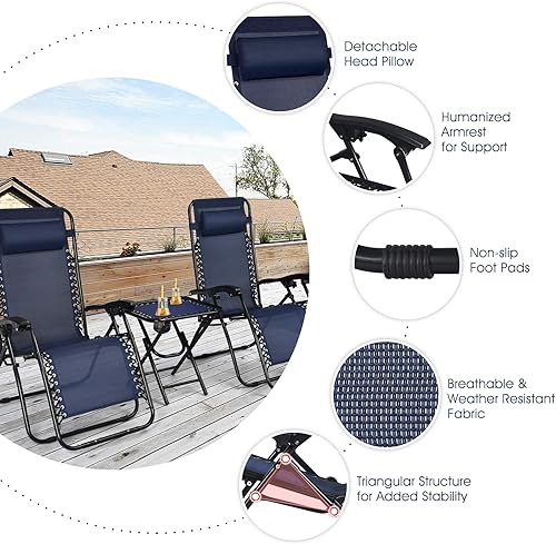 Miniatura 6 de Goplus Juego de sillas de gravedad cero, 3 piezas de sillas reclinables al aire libre con mesa auxiliar, reposacabezas y portavasos para colgar