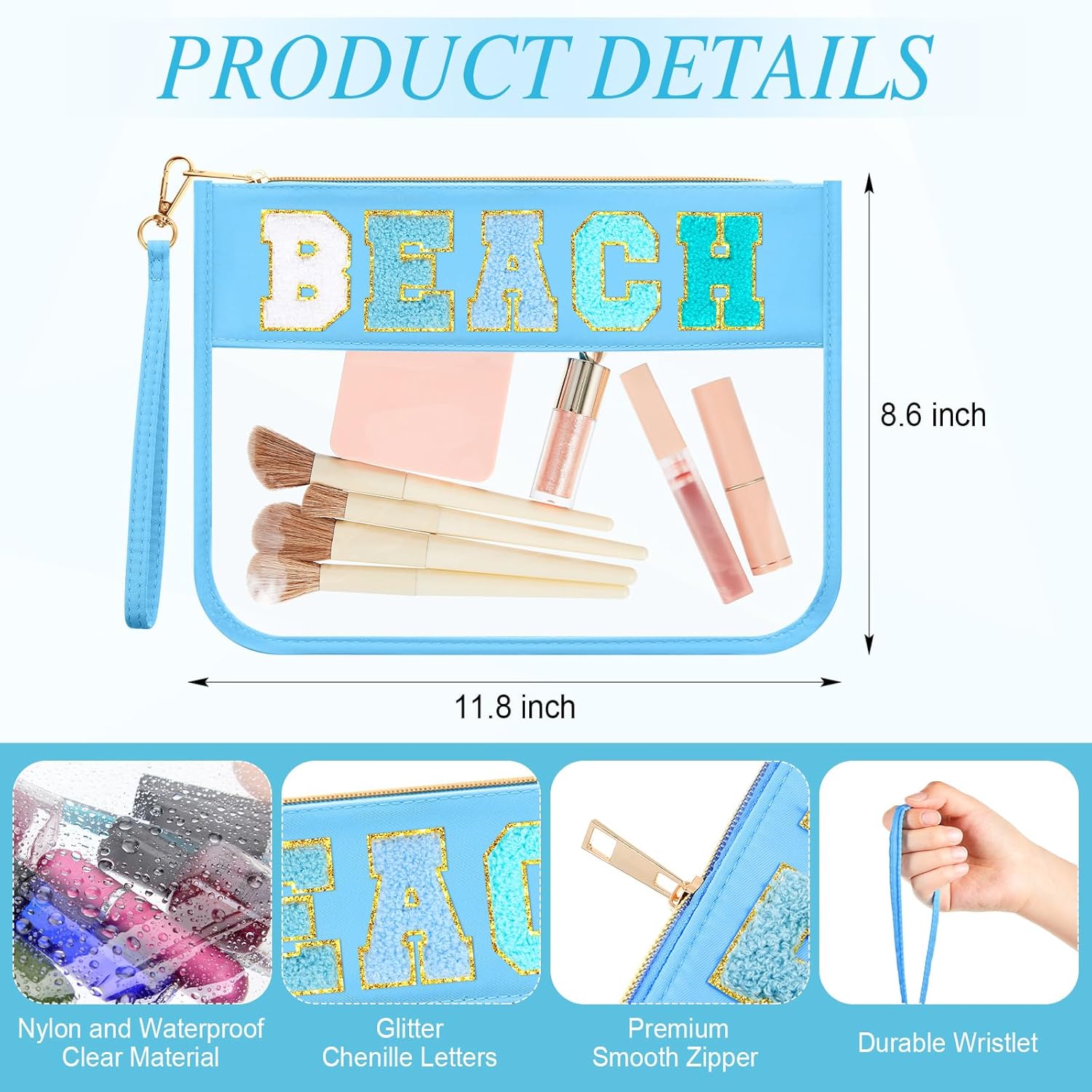 Kacctyen 6 Pcs Beach Bags Chenille Letter Clear Makeup Bag with Zipper Waterproof Cosmetic Toiletry Pouch with Handle Gym Travel Summer Gifts for Women (Teal, Beach) - Image 2