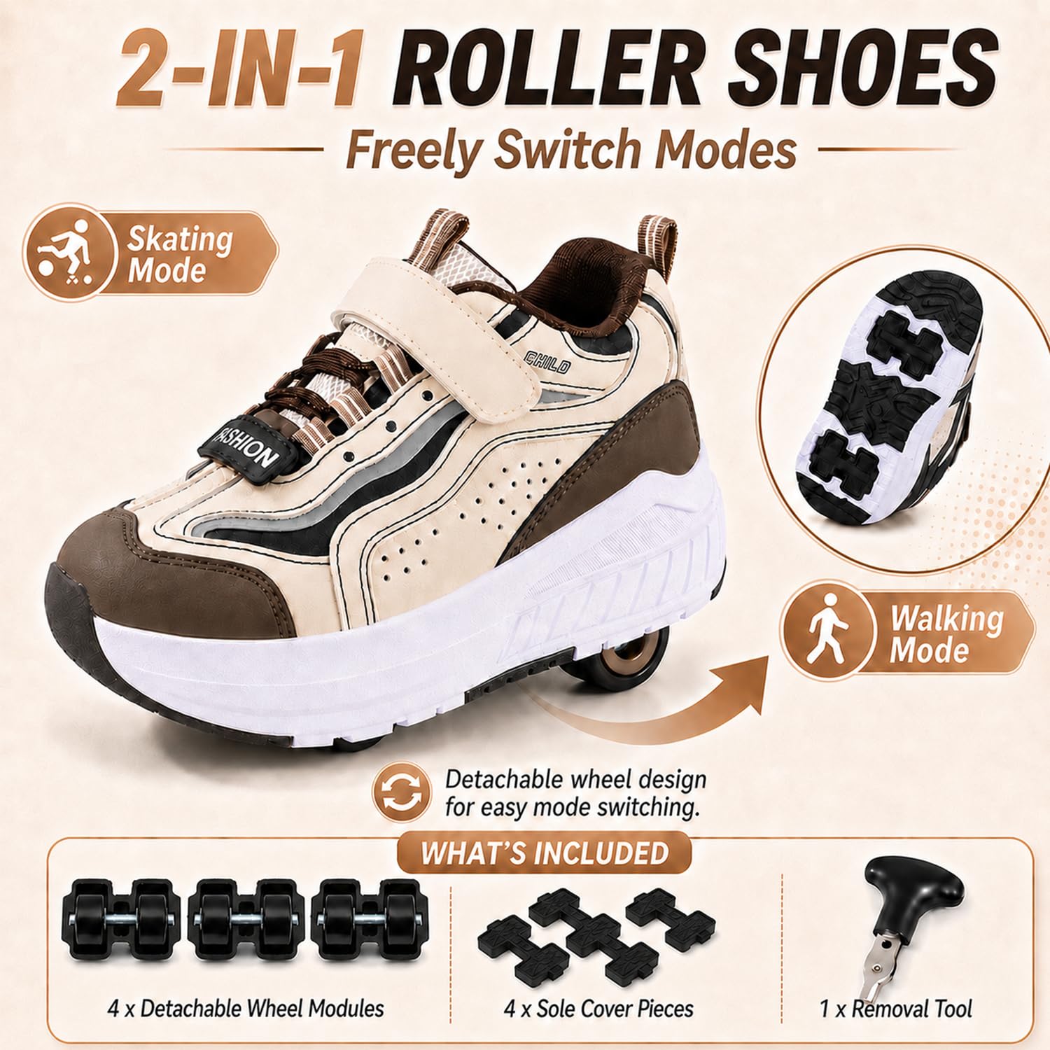 Chaussure à Roulette Garçons Filles, 2 en 1 Chaussures a roulettes Démontage Enfants avec 4 Basket Roller, Patins à roulettes Adolescents pour Intérieur Extérieur