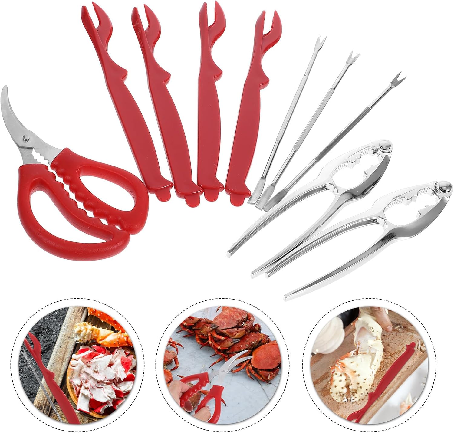 Lurrose Seafood Tools Set Crab Crackers Stainless Steel Shell Opening Tools 4 Metal Picks 4 Plastic Picks 2 Nutcrackers 1 Seafood Scissors Kitchen Gadget for Crab Lobster Shrimp Dining