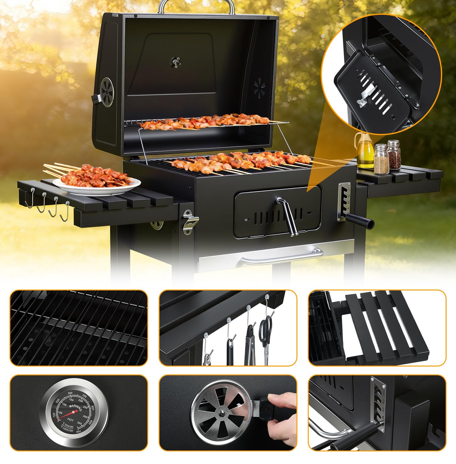 Barbecue XXL con coperchio e ruote, con doppio ripiano pieghevole, gancio, termometro, griglie, ecc, barbecue da campeggio e affumicatore, colore: grigio
