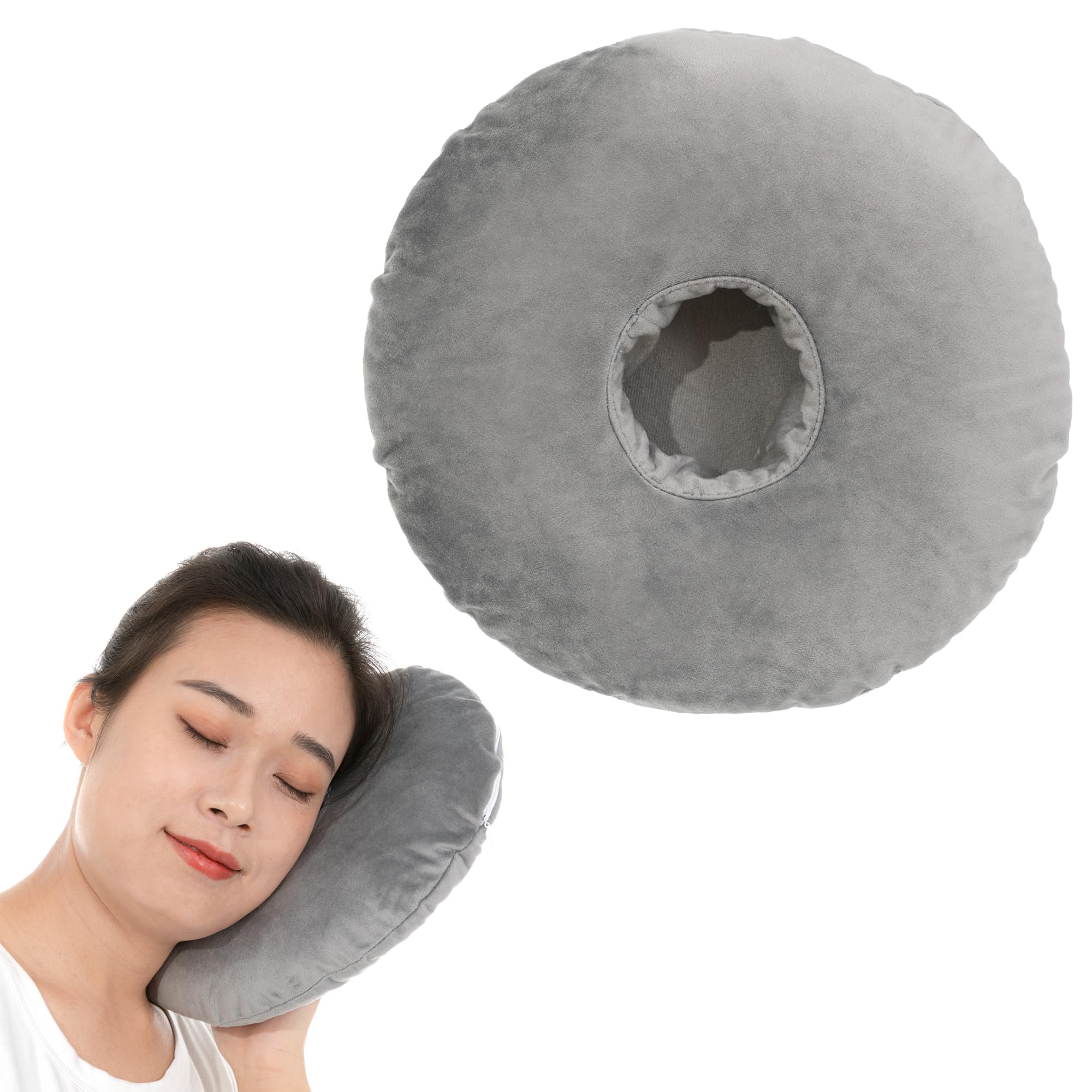 Piercing Pillow, Ear Piercing Pillow with Removable Pillowcases, Donut Pillow for Ear Ache Pain Relief, Adjustable Filling, Pillow with Hole for Ear Side Sleepers, Inflammation, Pressure Ulcers